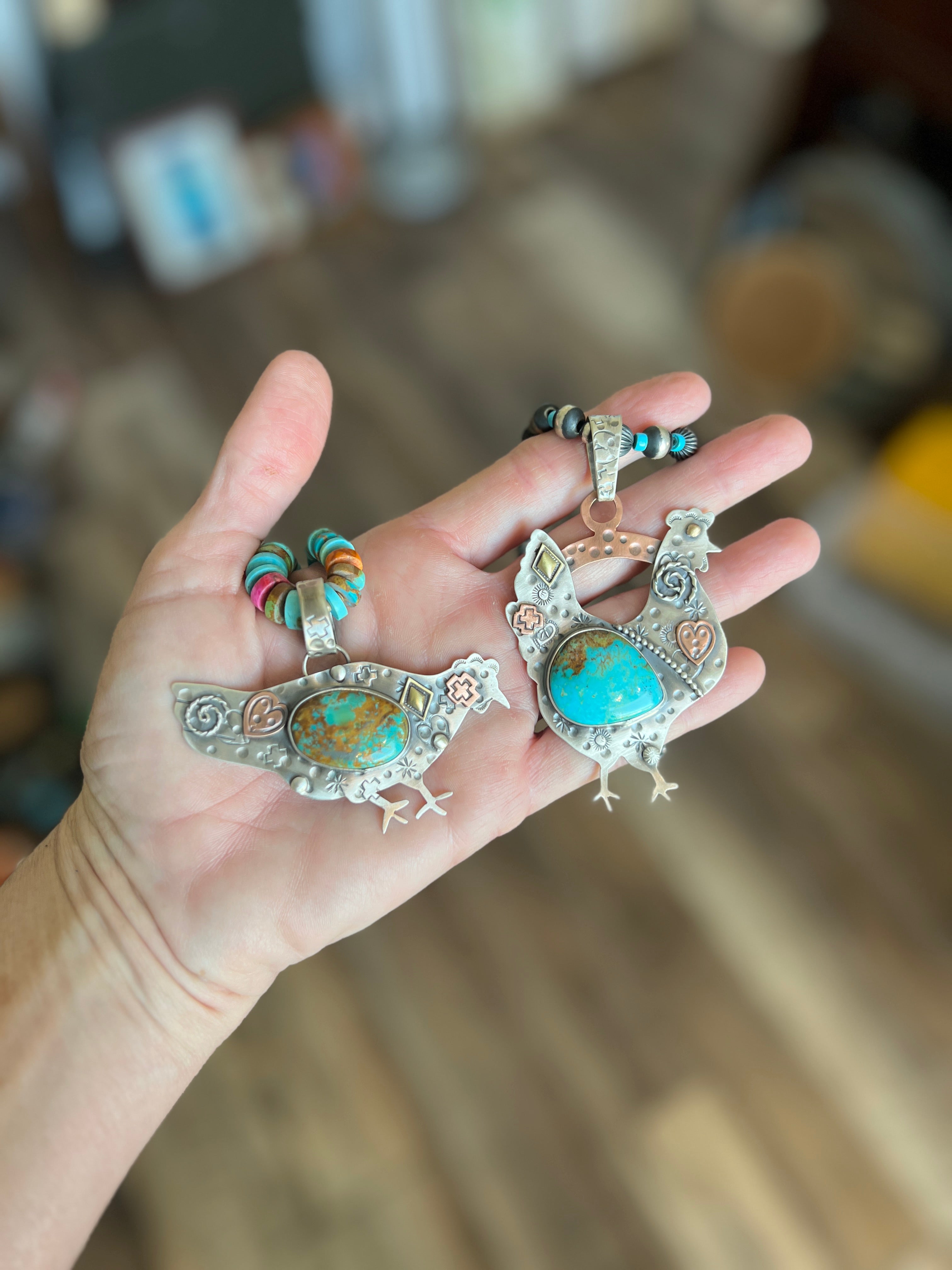 The Nizhoni Cluckers: Hand Stamped and Layered Sterling Silver, Brass, Copper & Kingman Turquoise Chicken Pendants by Kimari Somers