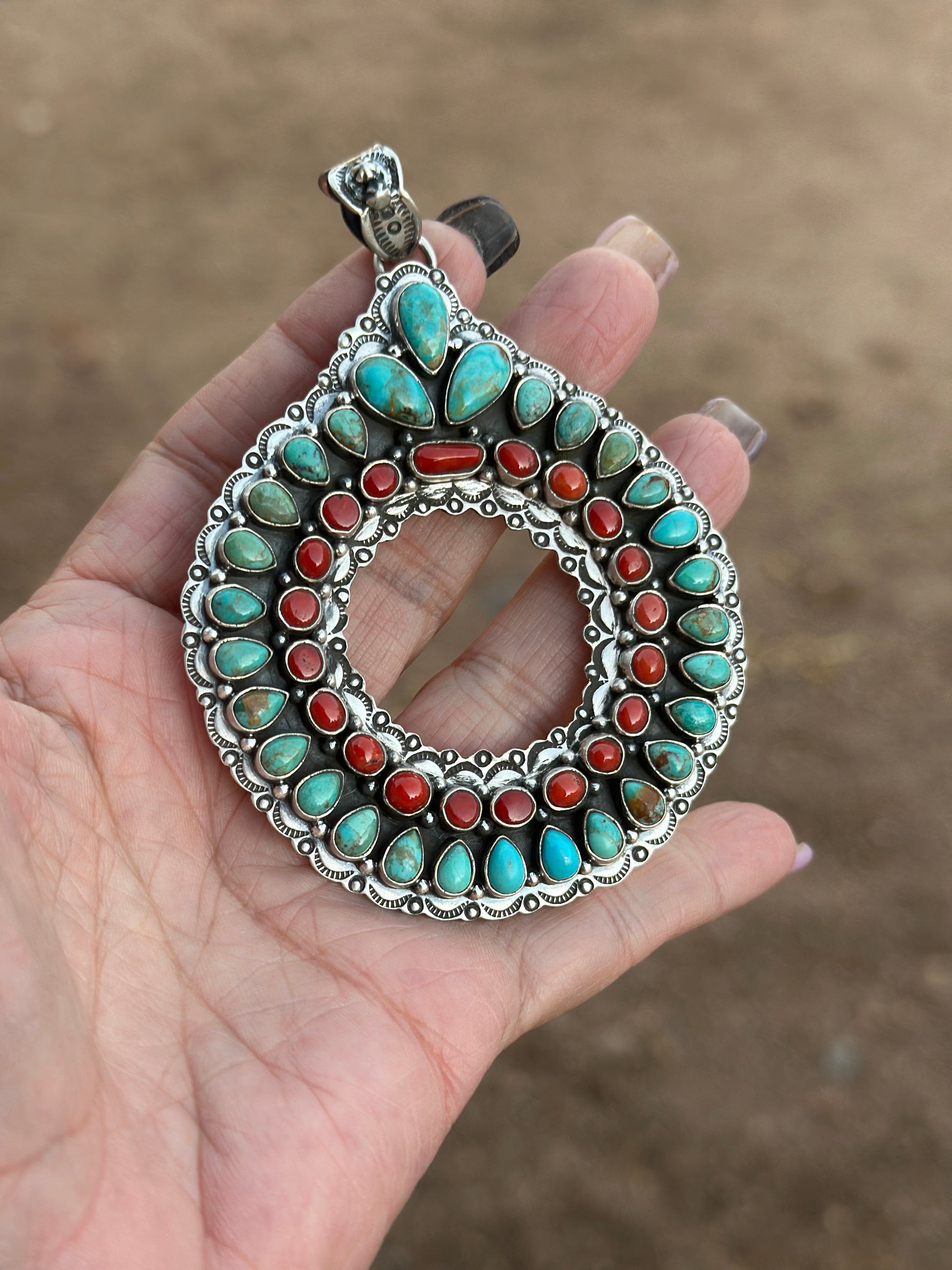 Handmade Sterling Silver, Coral & Kingman Turquoise Christmas Wreath Pendant