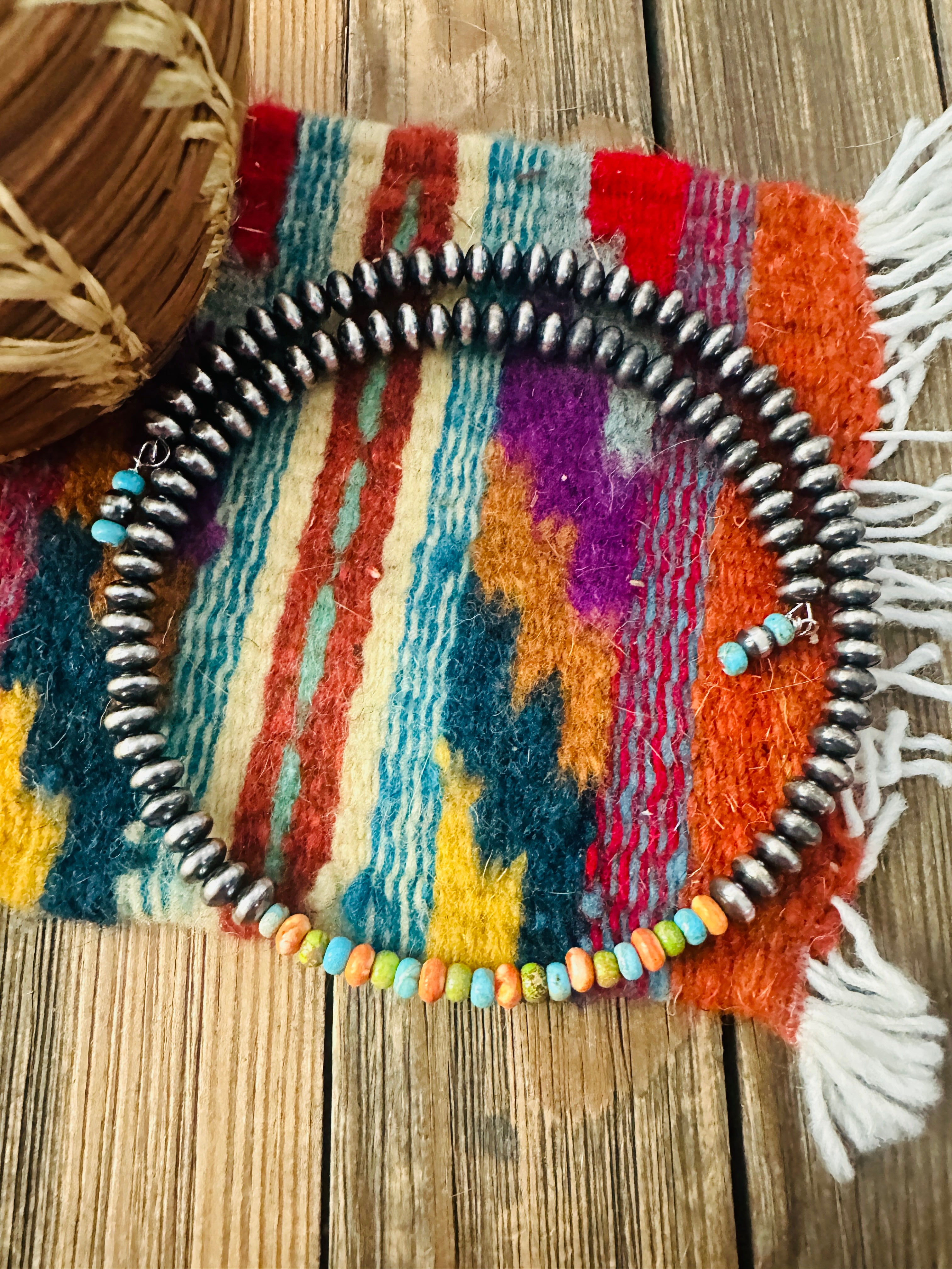 Handcrafted Turquoise, Spiny & Sterling Silver Beaded Wrap Choker Necklace