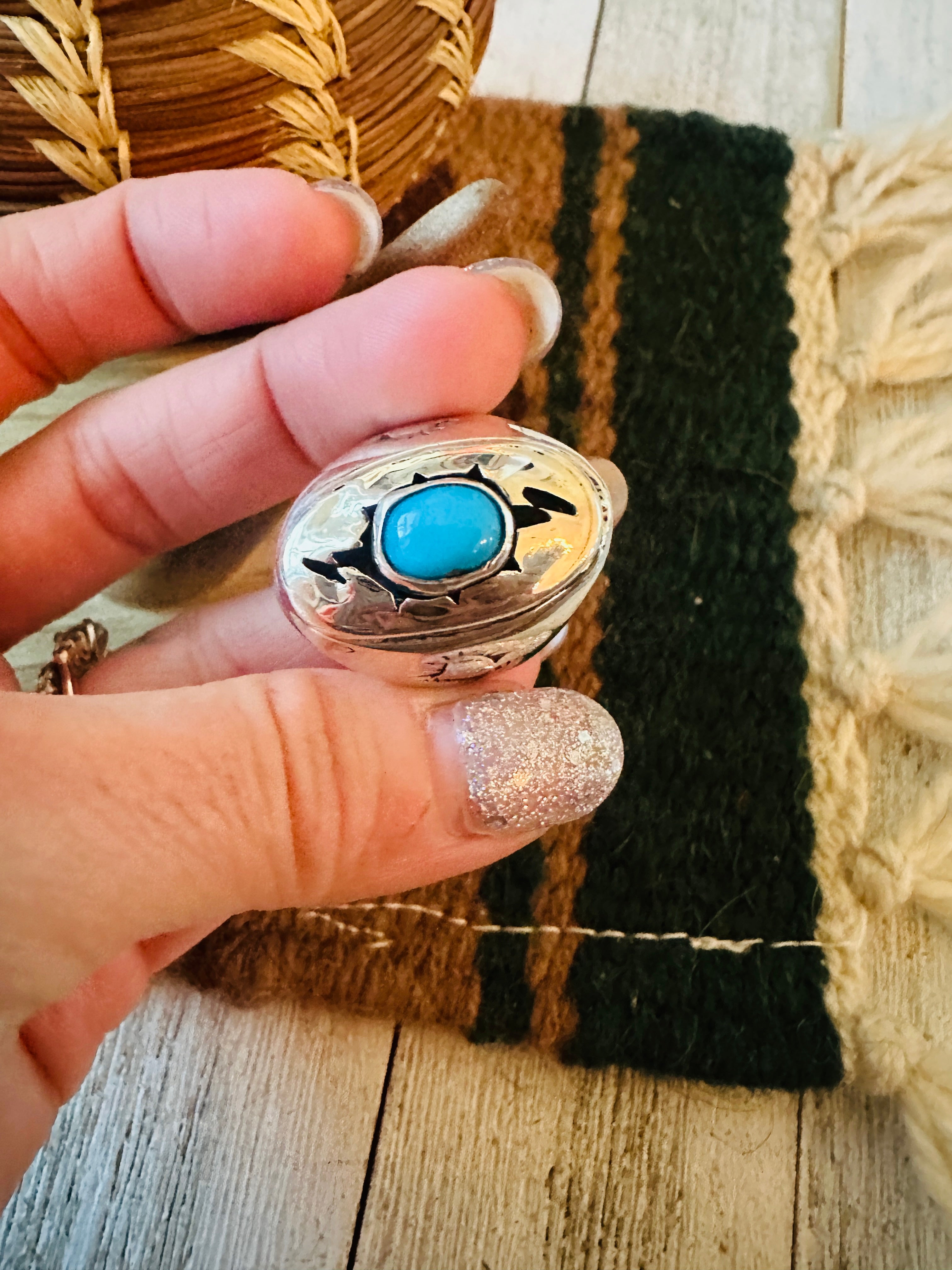 Navajo Sterling Silver & Turquoise Ring Size 10.5