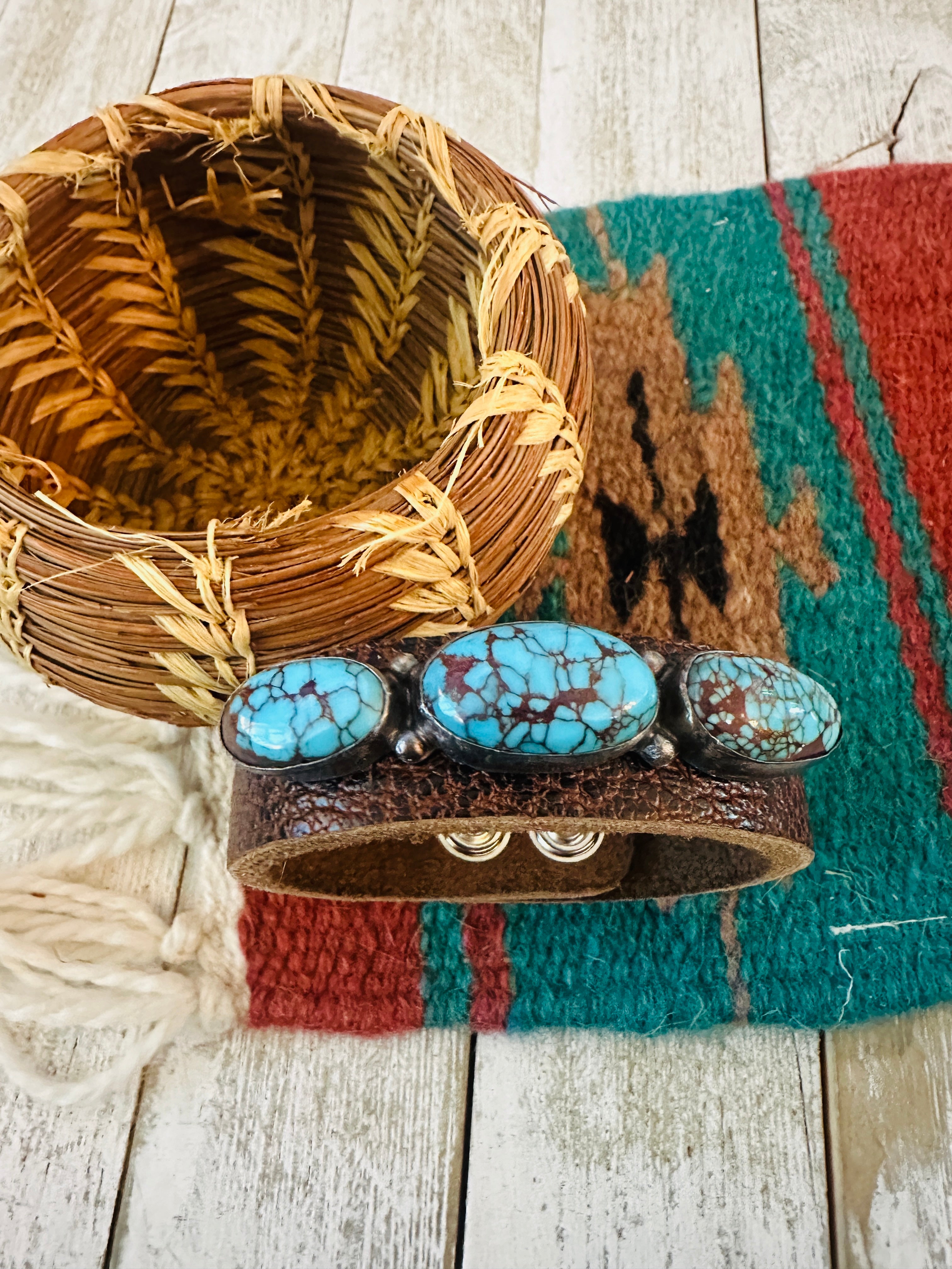 Handcrafted Egyptian Turquoise & Sterling Silver Leather Bracelet