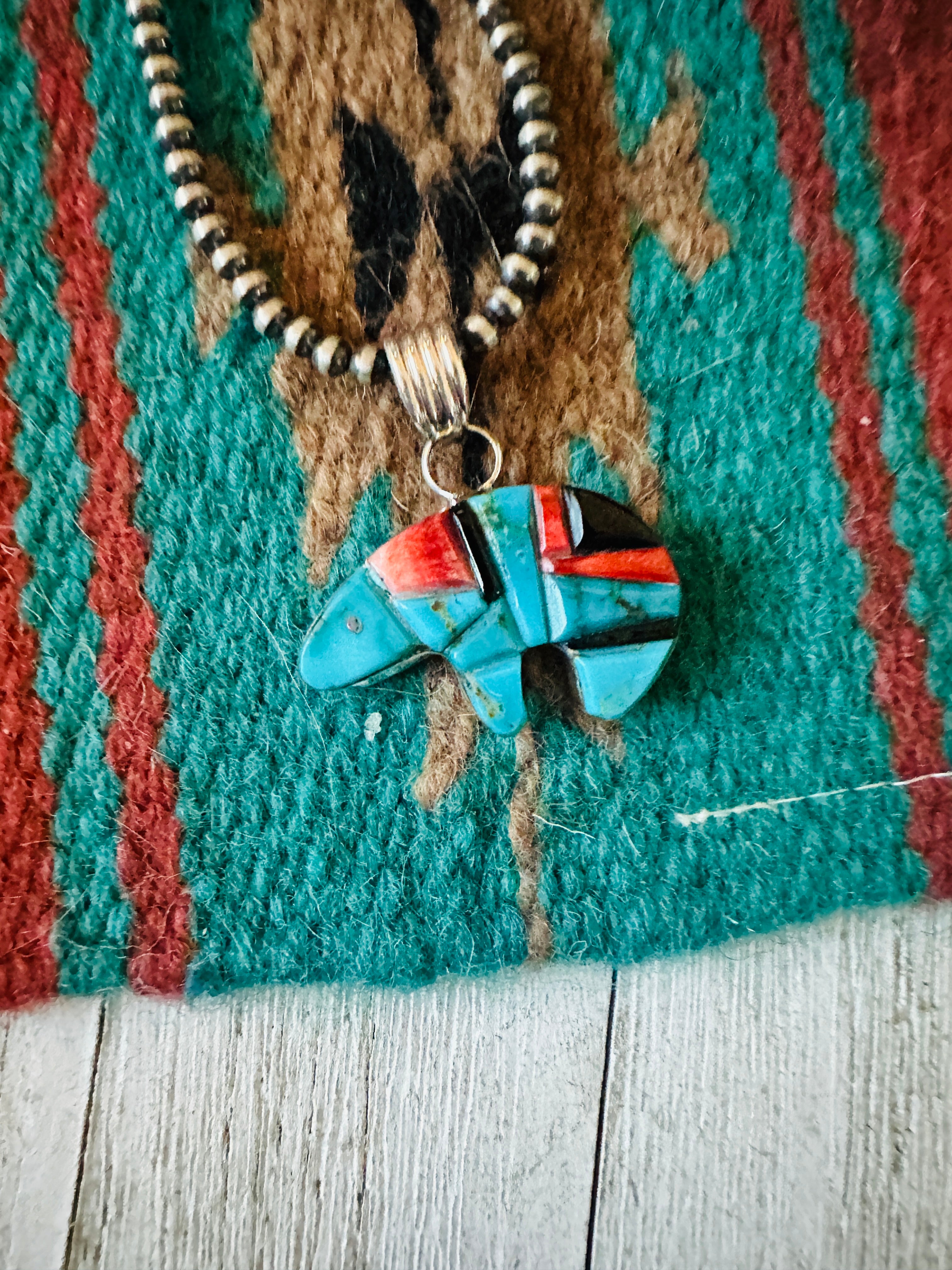 Navajo Turquoise, Spiny, Onyx & Sterling Silver Inlay Fetish Bear Pendant