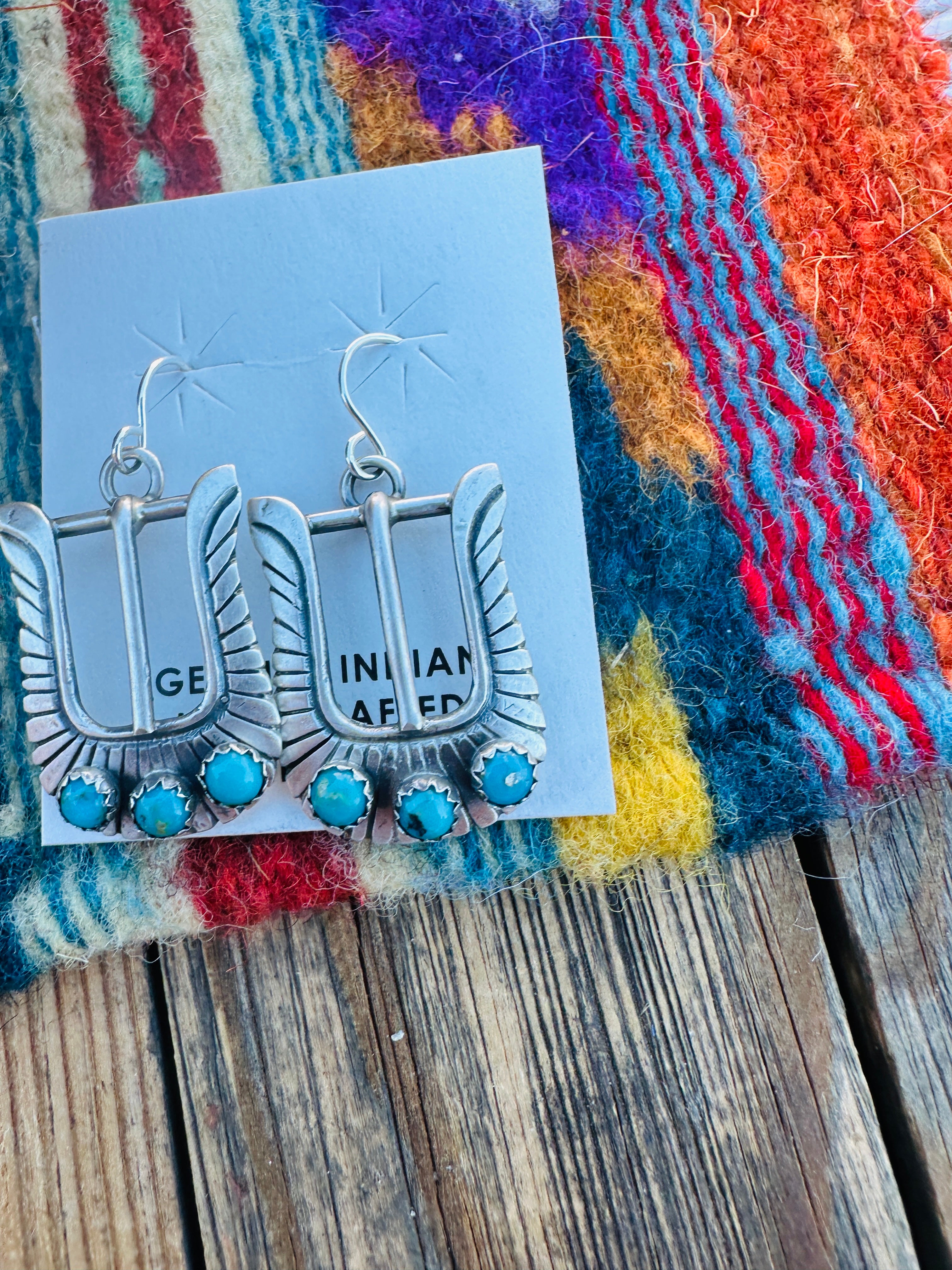Handcrafted Turquoise & Sterling Silver Belt Buckle Dangle Earrings by Leroy James