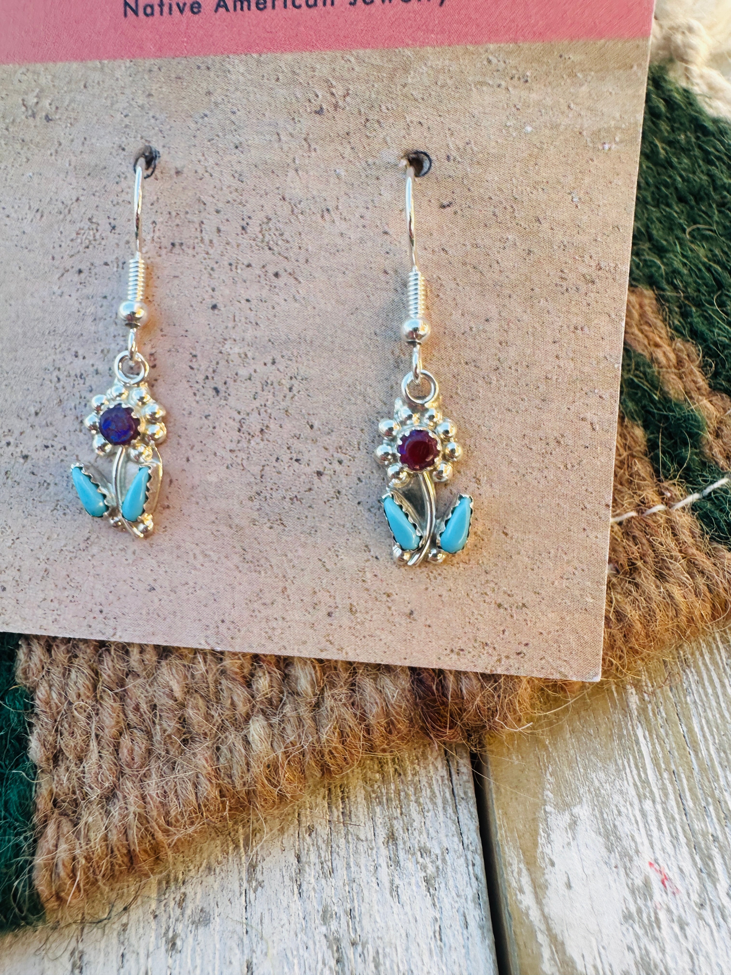 Handcrafted Turquoise, Red Opal & Sterling Silver Flower Dangle Earrings