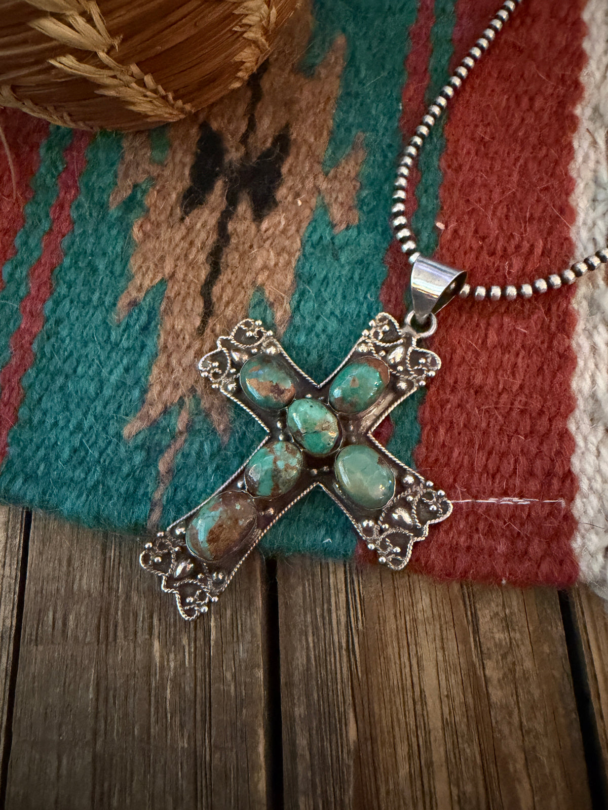 Old Pawn Handcrafted Turquoise and Sterling Silver Cross Pendant