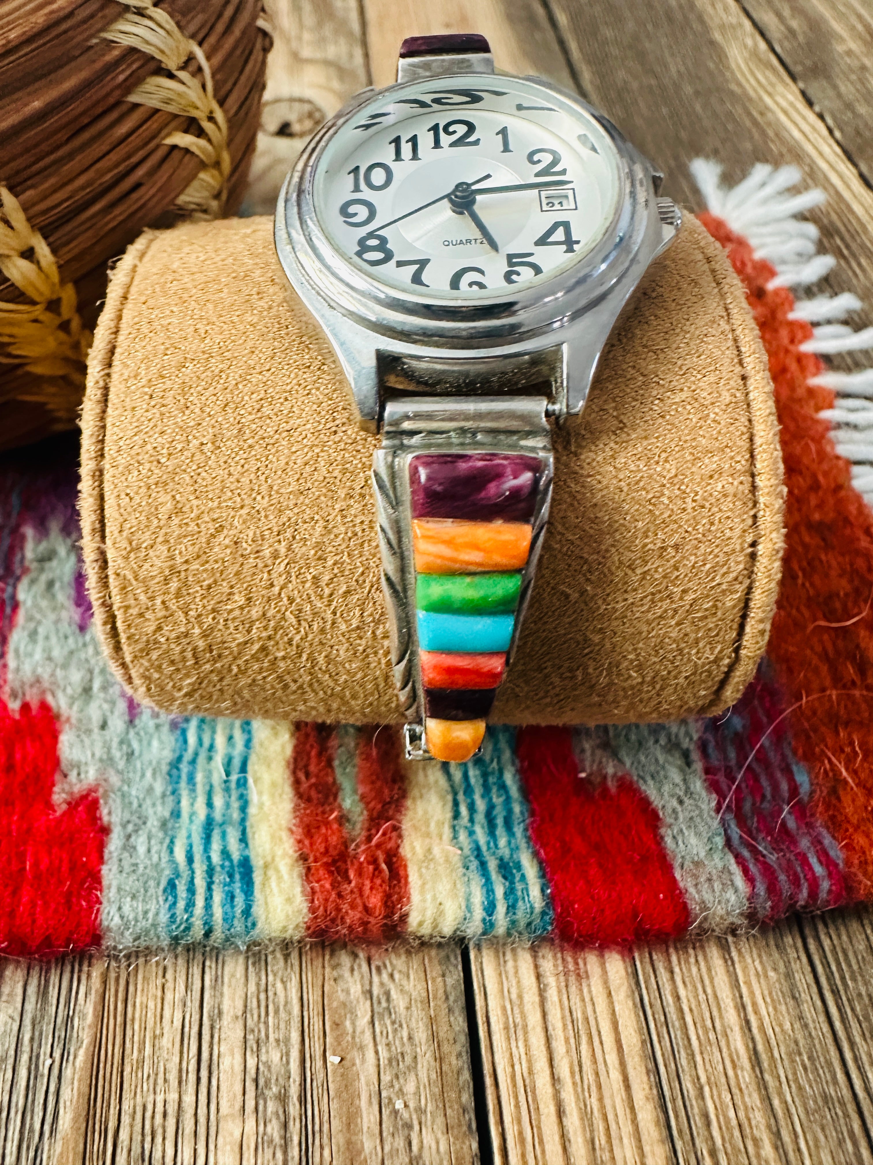 Handcrafted Old Pawn Multi Stone & Sterling Silver Inlay Watch