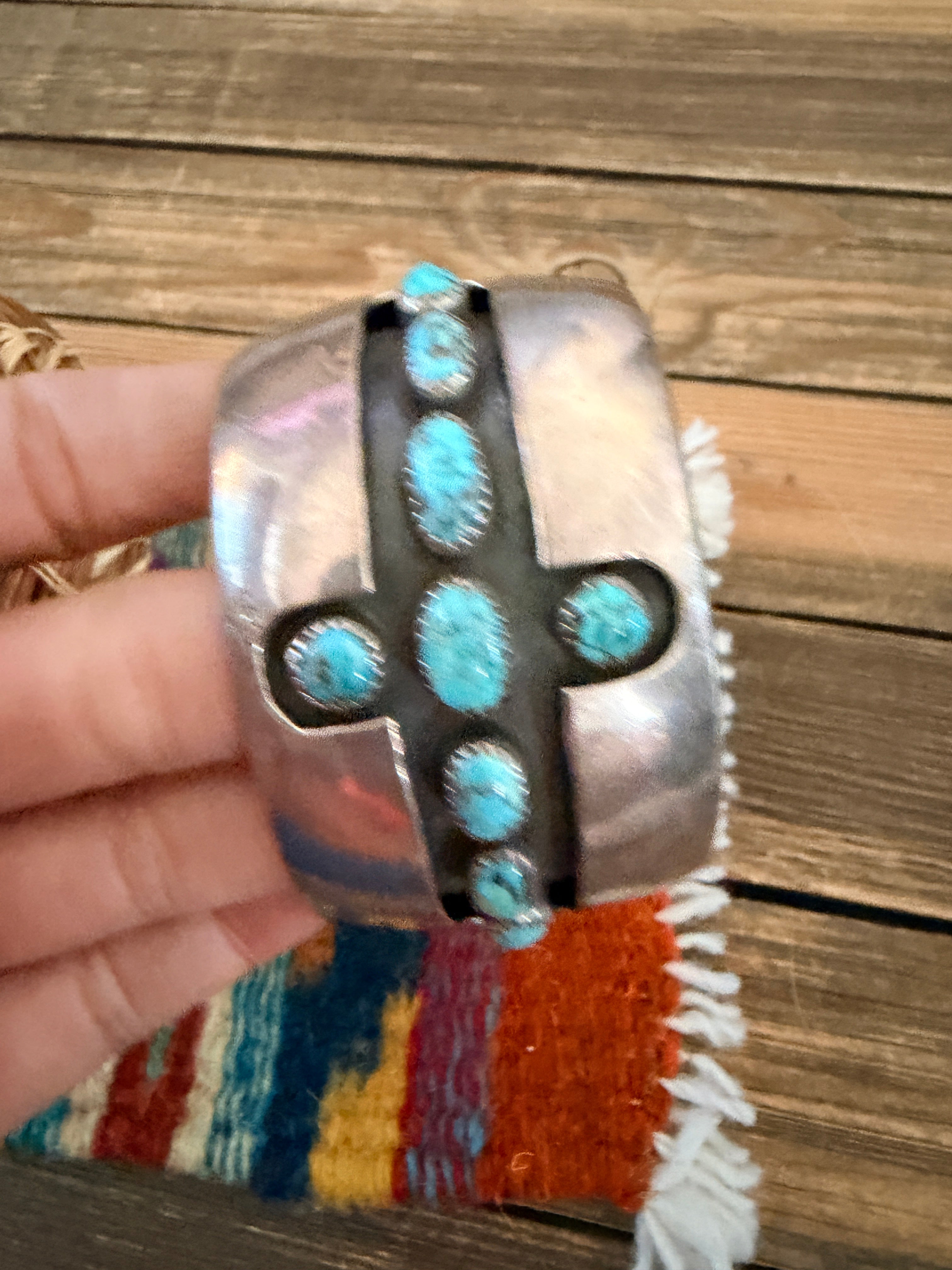 Handcrafted Old Pawn Sterling Silver & Turquoise Shadowbox Cross Cuff Bracelet
