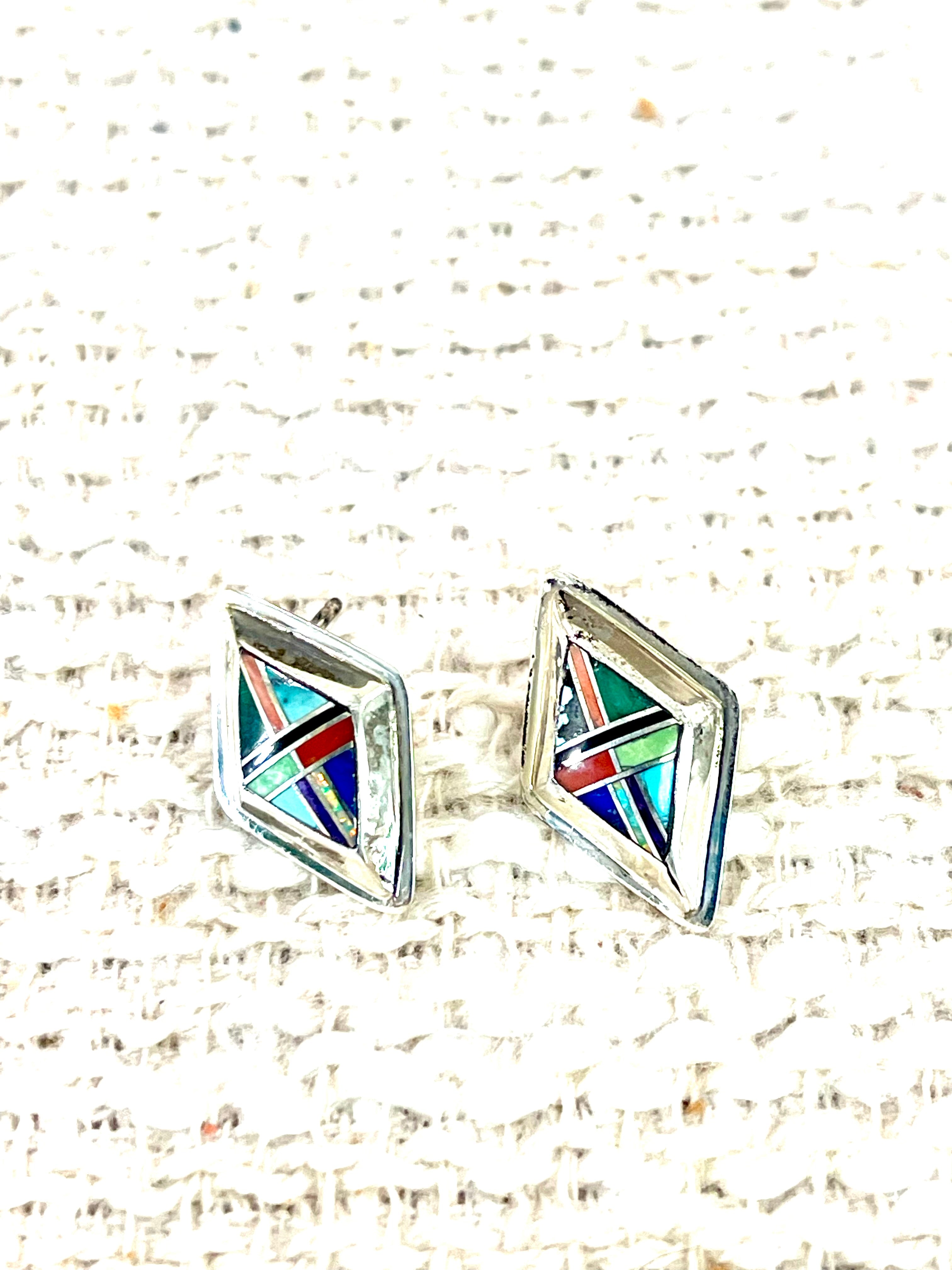 Beautiful Handmade Sterling Silver & Multi Stone Inlay Post Earrings