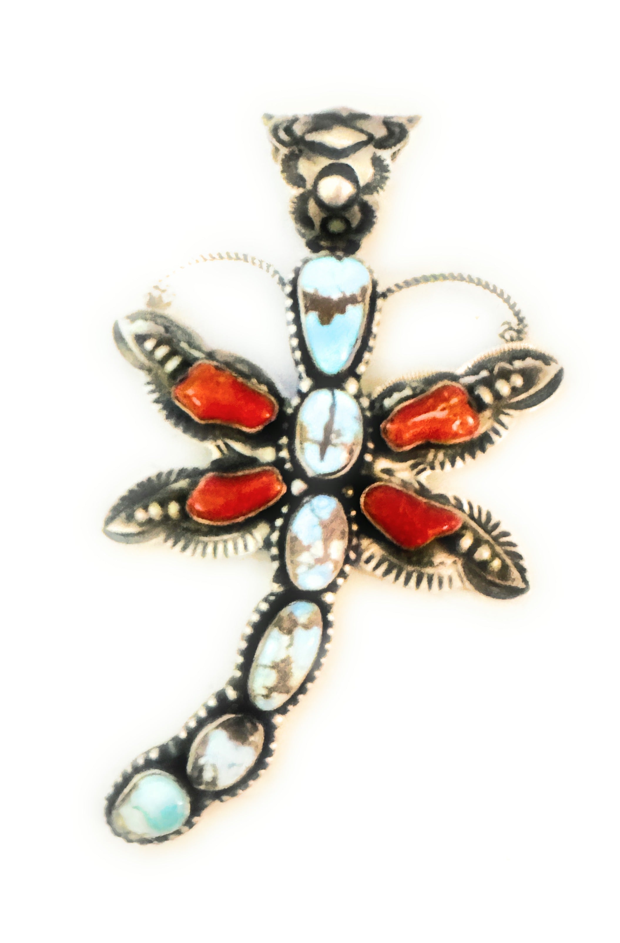 Navajo Turquoise, Coral & Sterling Silver Dragonfly Pendant By Shawn Cayatineto