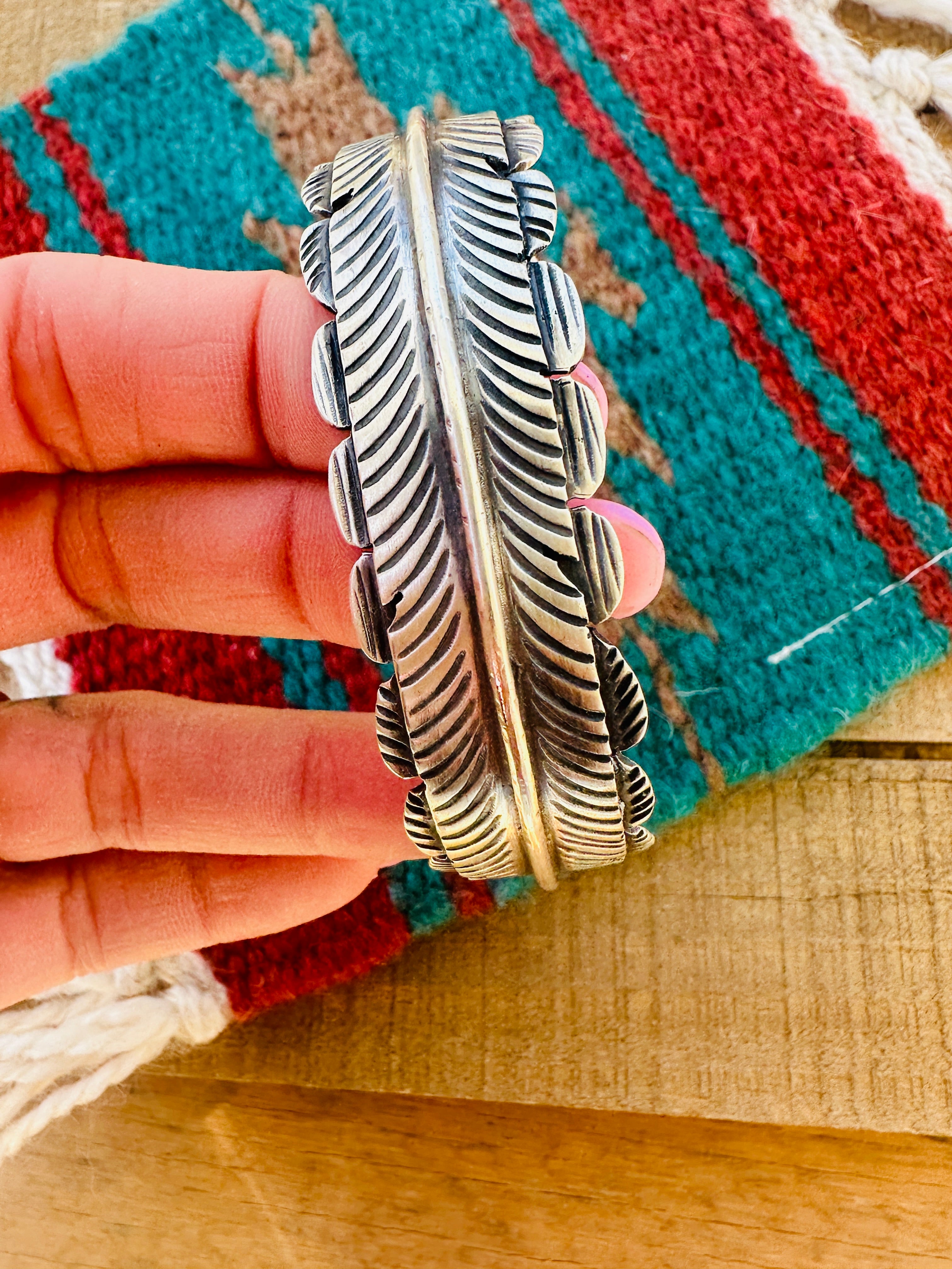 Navajo Hand Stamped Sterling Silver Feather Cuff Bracelet