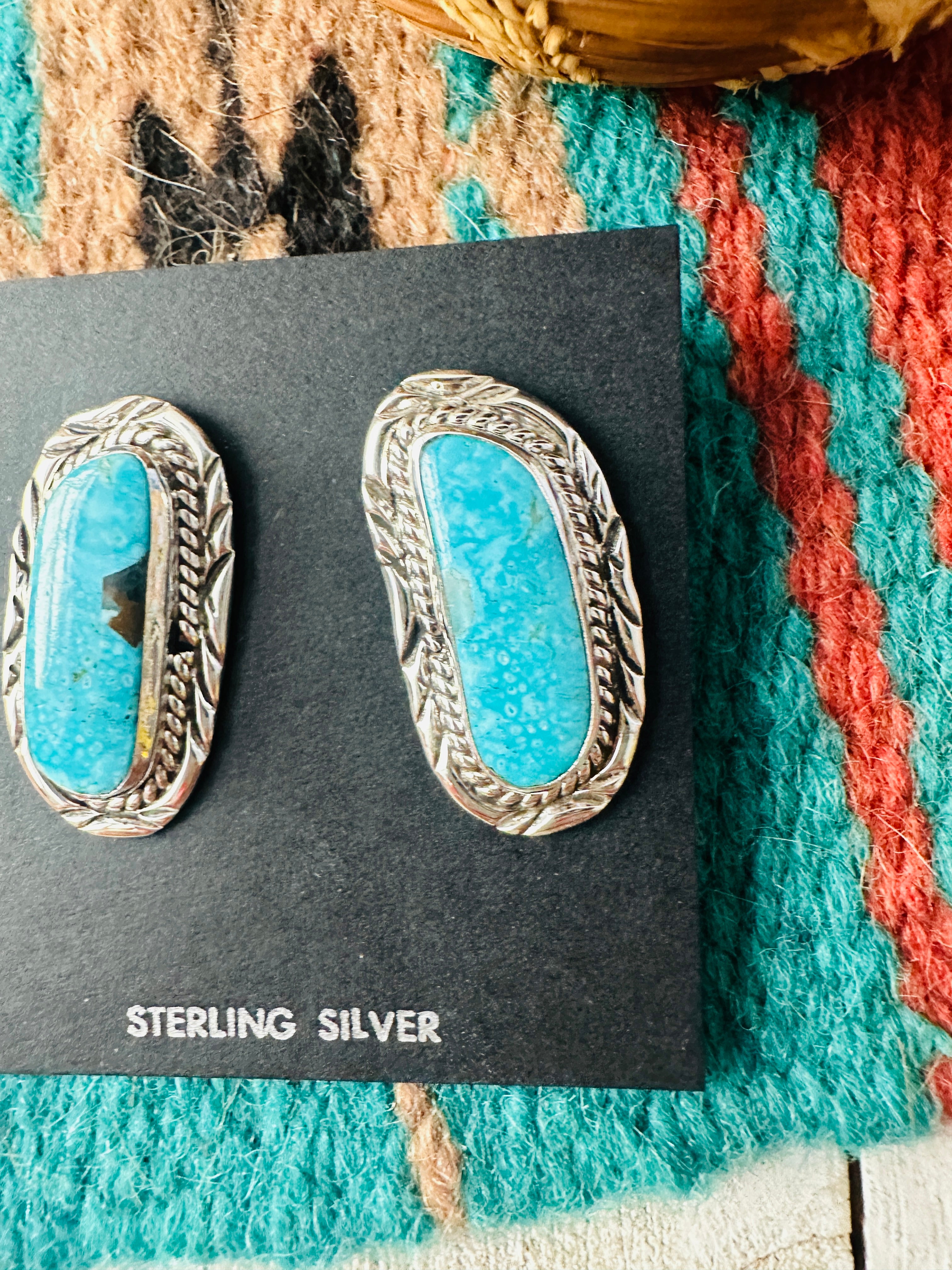 Navajo Turquoise & Sterling Silver Post Earrings Signed