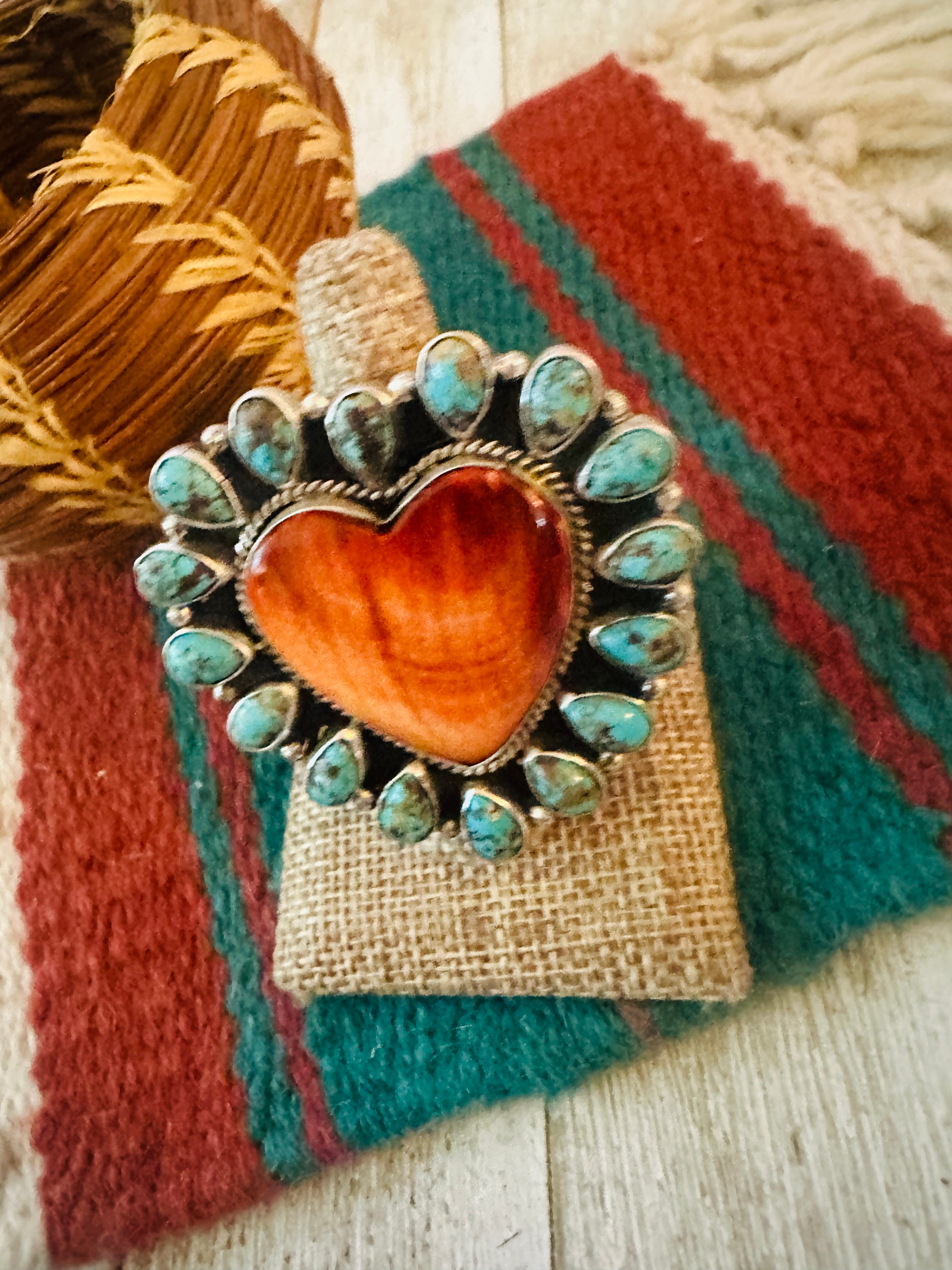 Handcrafted Sterling Silver Spiny & Turquoise Cluster Adjustable Heart Ring