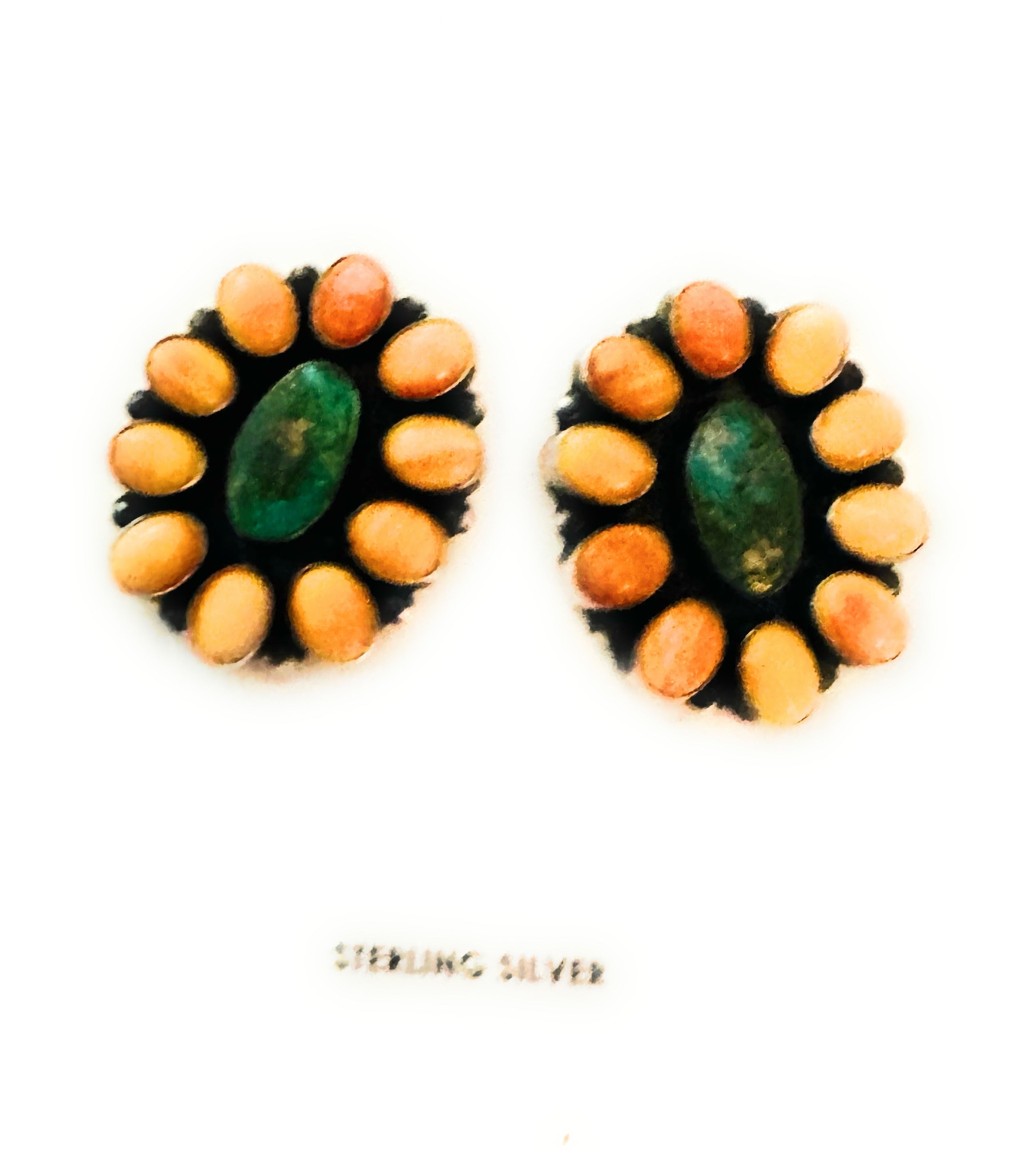 Navajo Sterling Silver, Orange Spiny & Turquoise Cluster Earrings