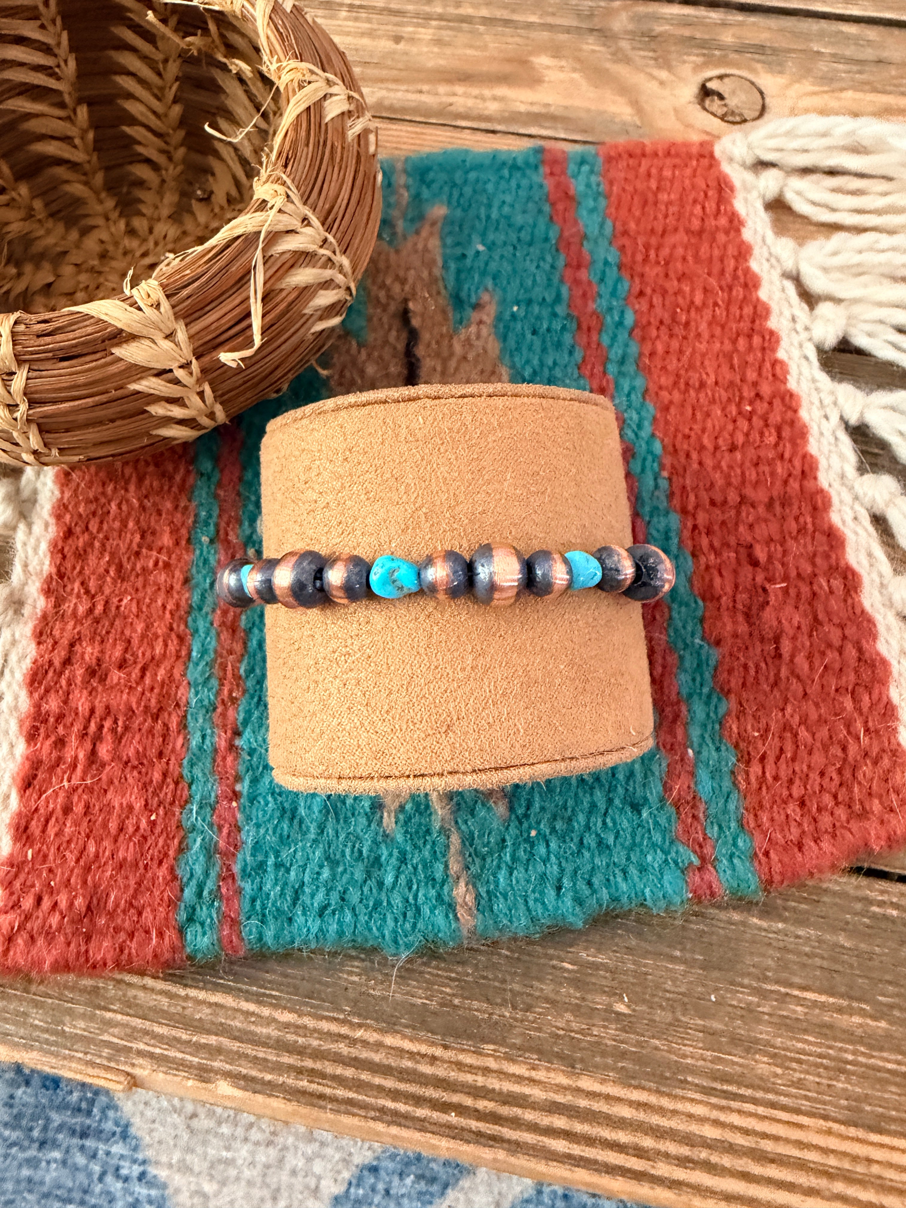 Handcrafted Turquoise & Copper Beaded Bracelet 7”