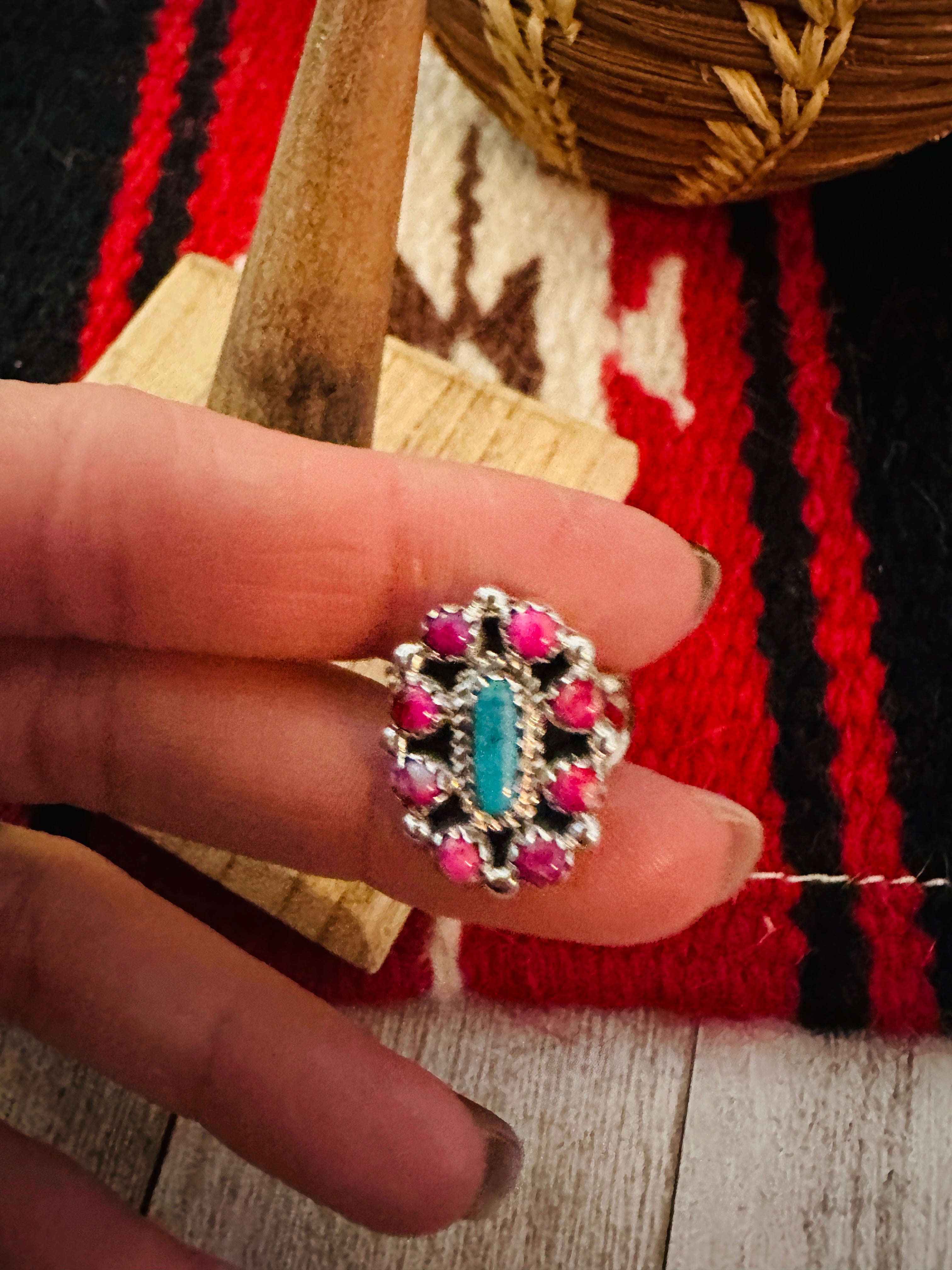 Navajo Sterling Silver, Pink Dream Mojave & Turquoise Cluster Adjustable Ring