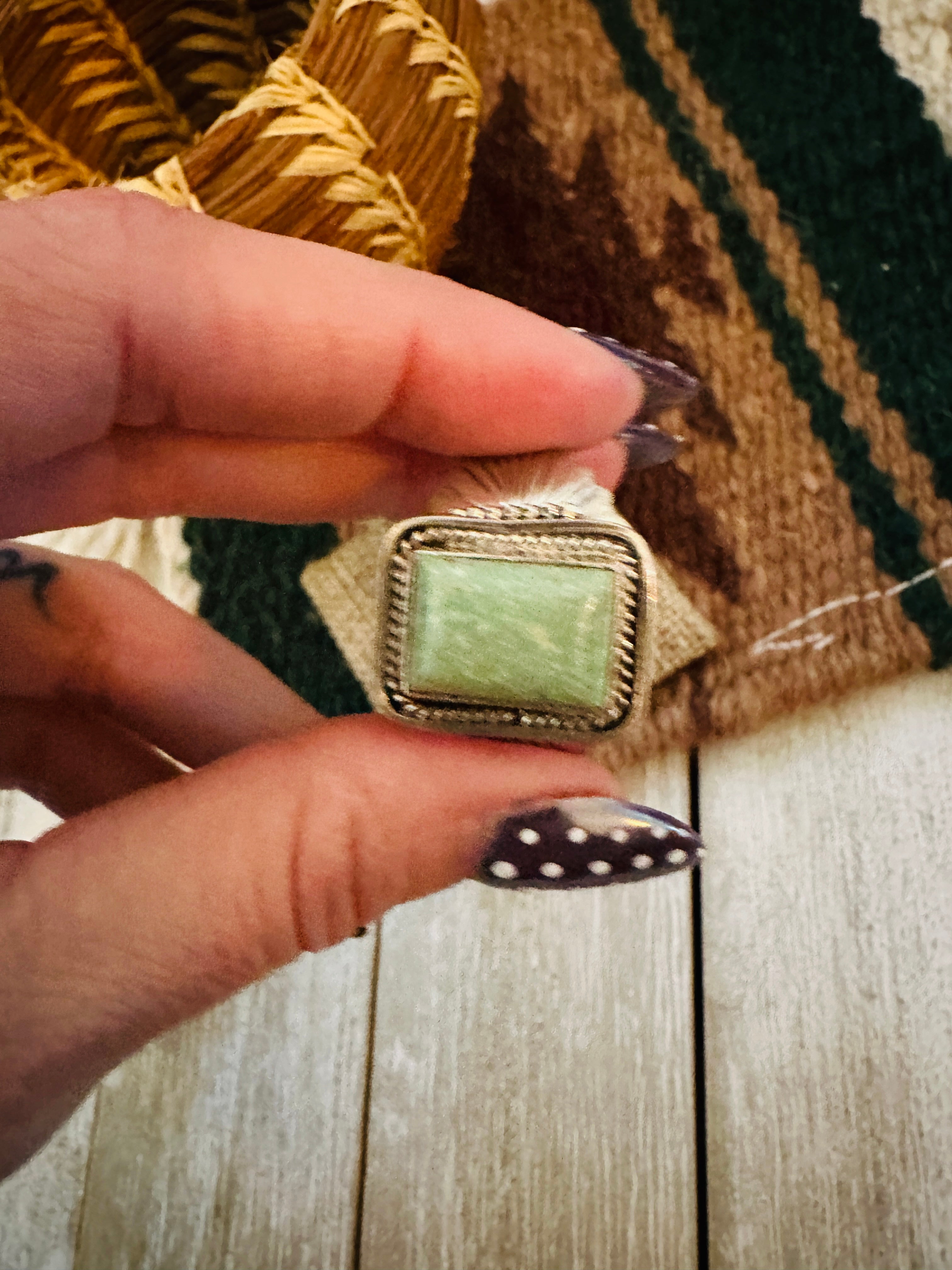 Old Pawn Handcrafted Turquoise & Sterling Silver Ring Size 12.5