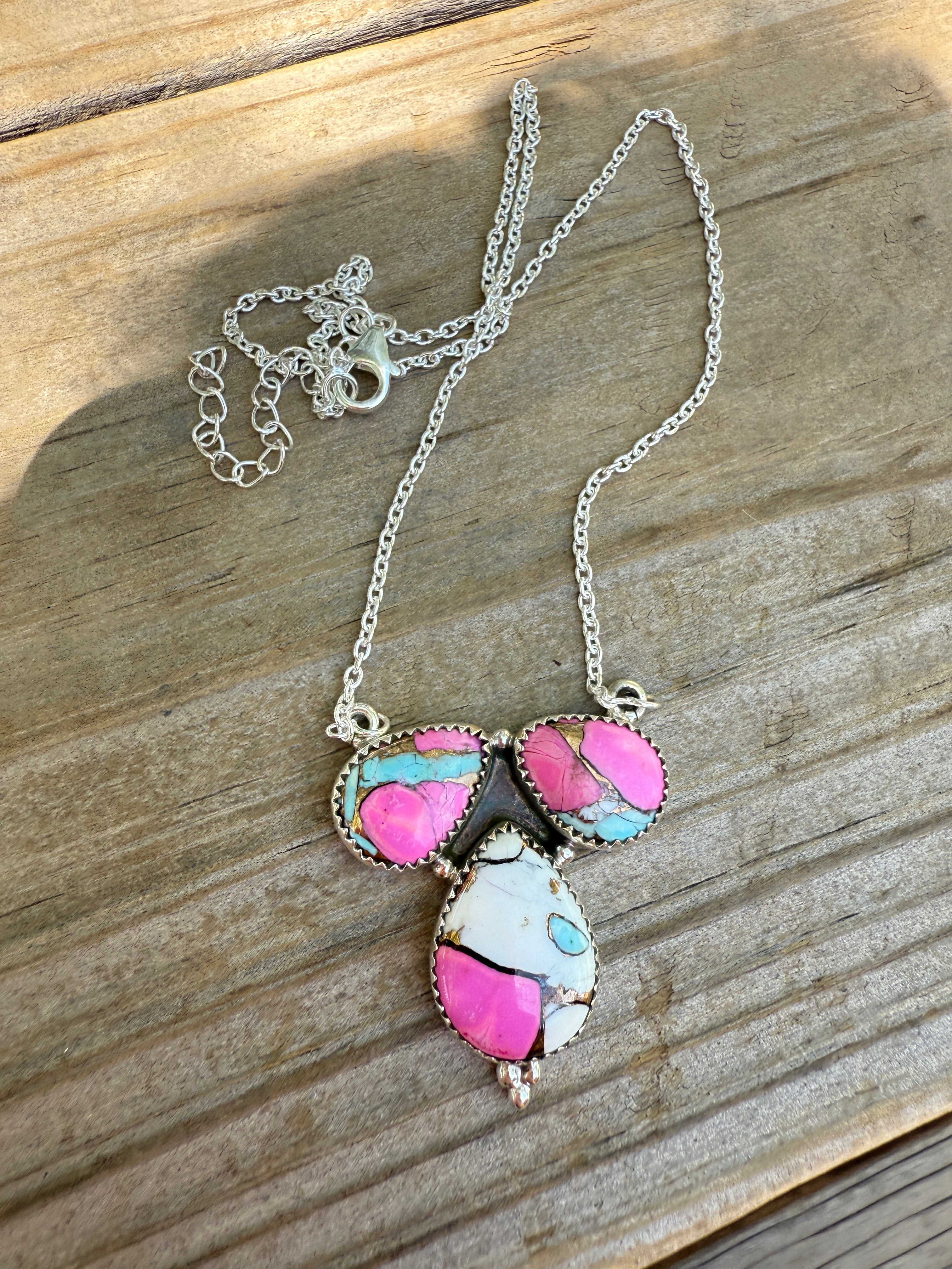 Handmade Cotton Candy Sterling Silver 3 Stone Necklace