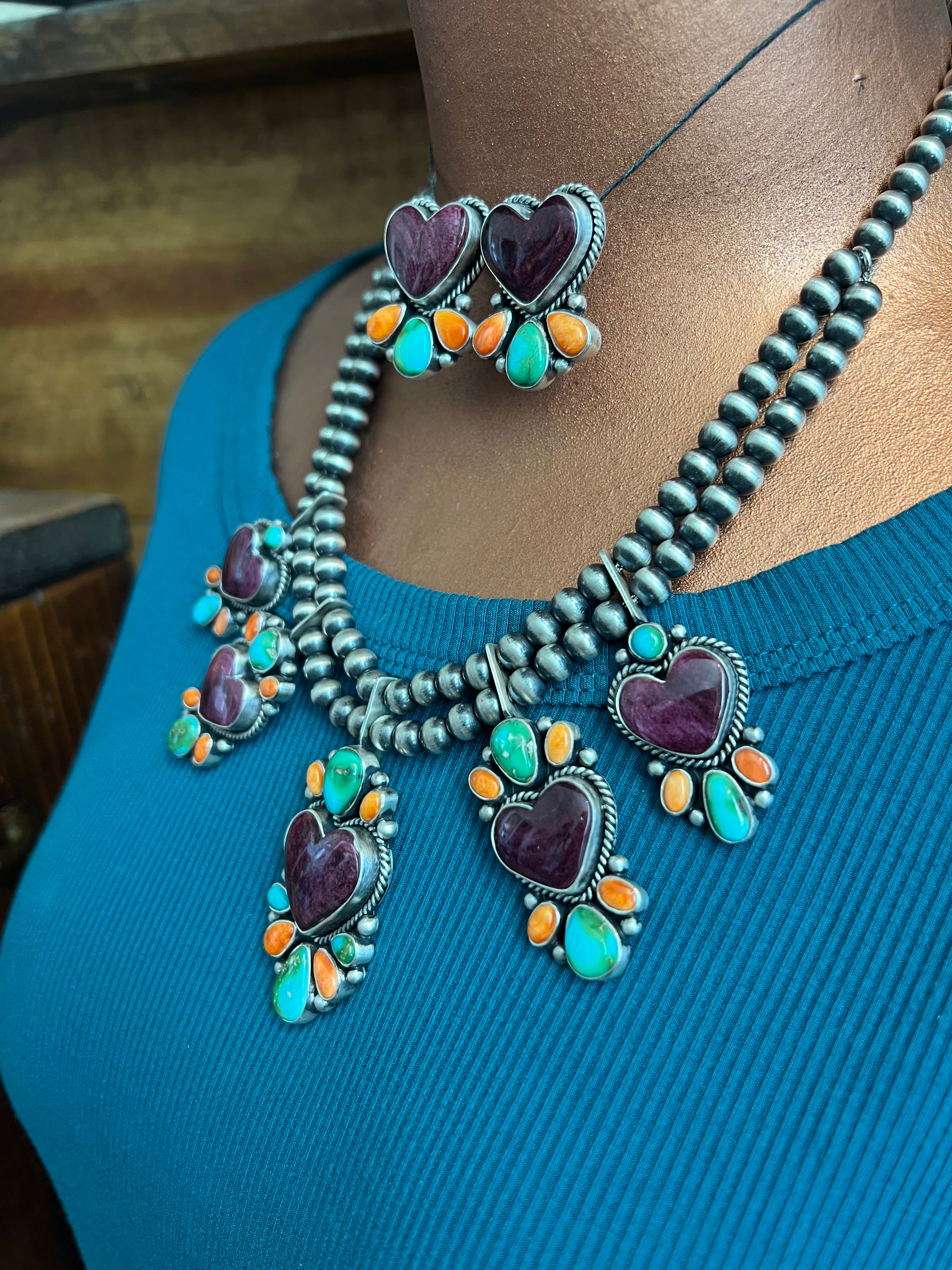 Handcrafted Sterling Silver Electric Rainbow Beaded Heart Cluster Necklace & Earrings Set by Angela Martin