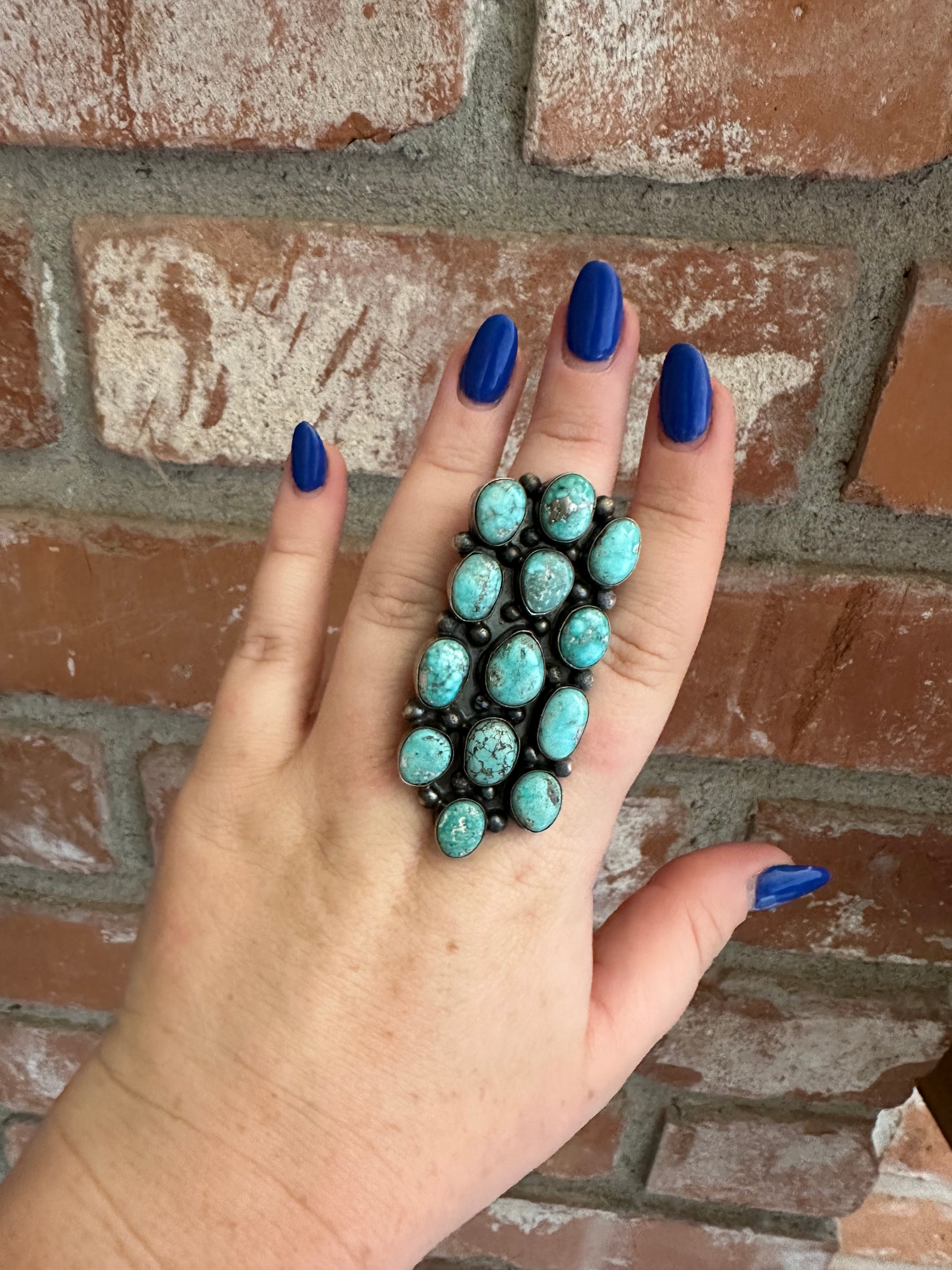 Navajo Turquoise & Sterling Silver 13 Stone Ring Signed Sheila