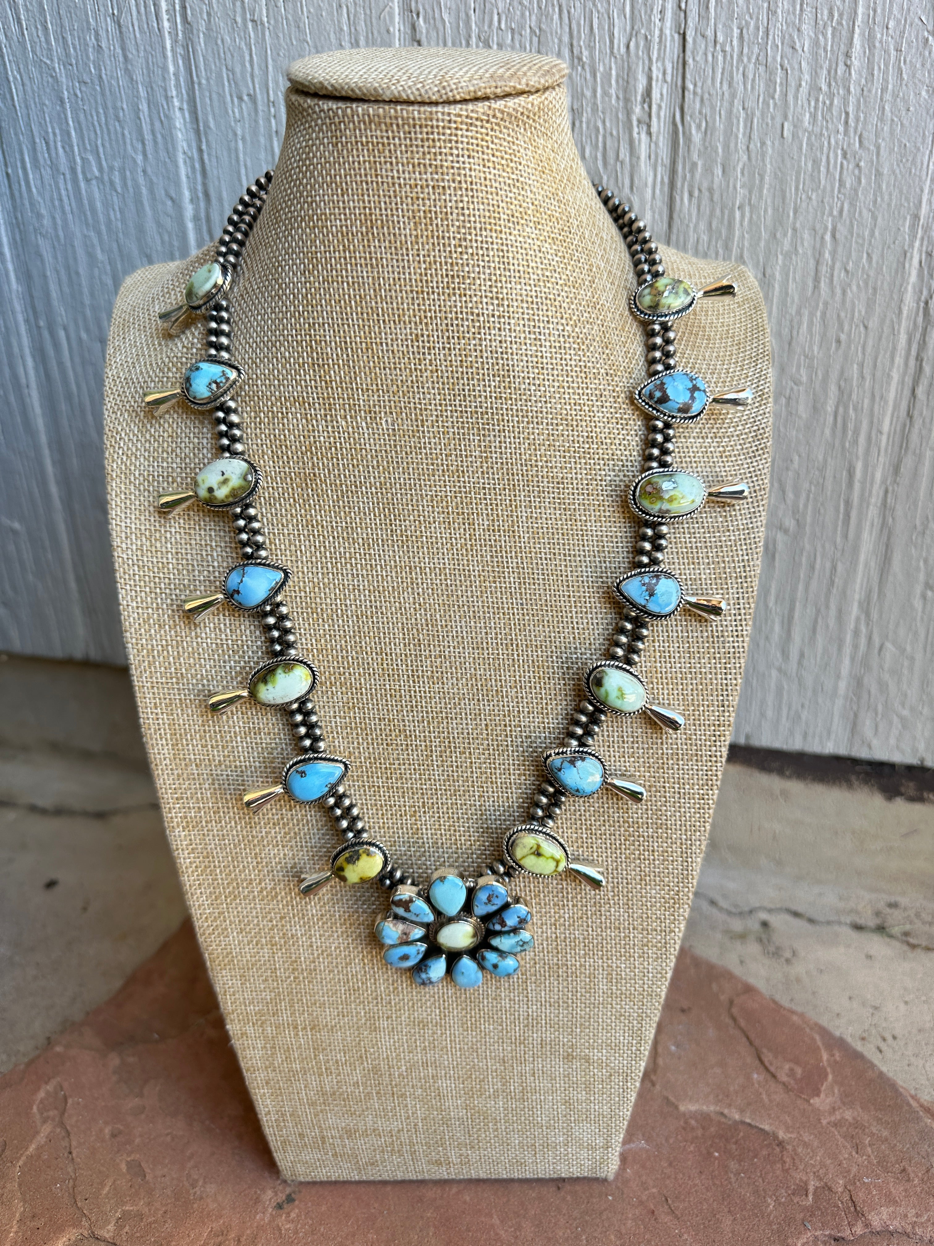 Handmade Sterling Silver, Golden Hills Turquoise & Palomino Turquoise Blossom Necklace Signed Nizhoni