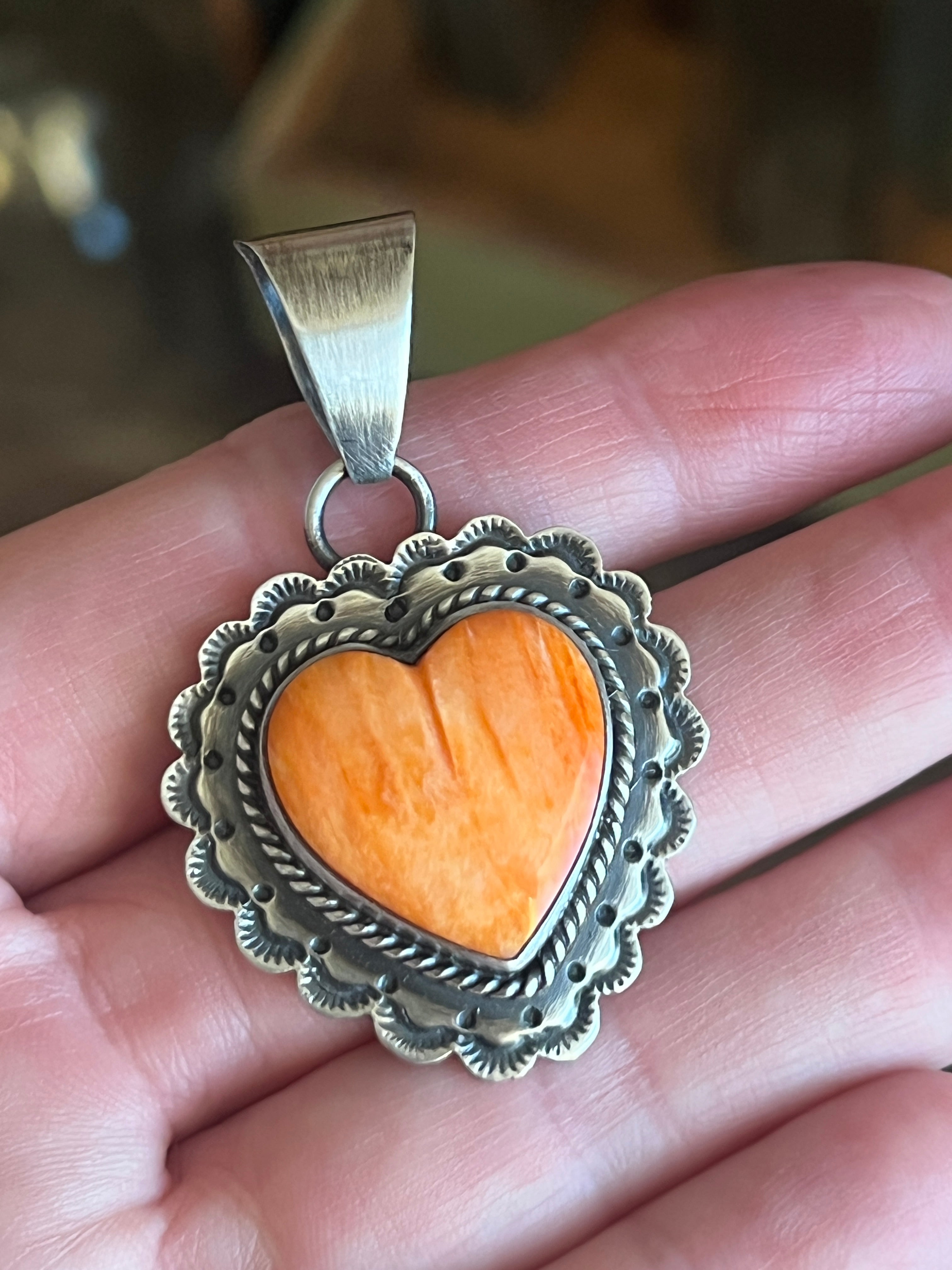 Hand Stamped Sterling Silver & Kingman Turquoise or Spiny Oyster Heart Pendants by June Delgarito