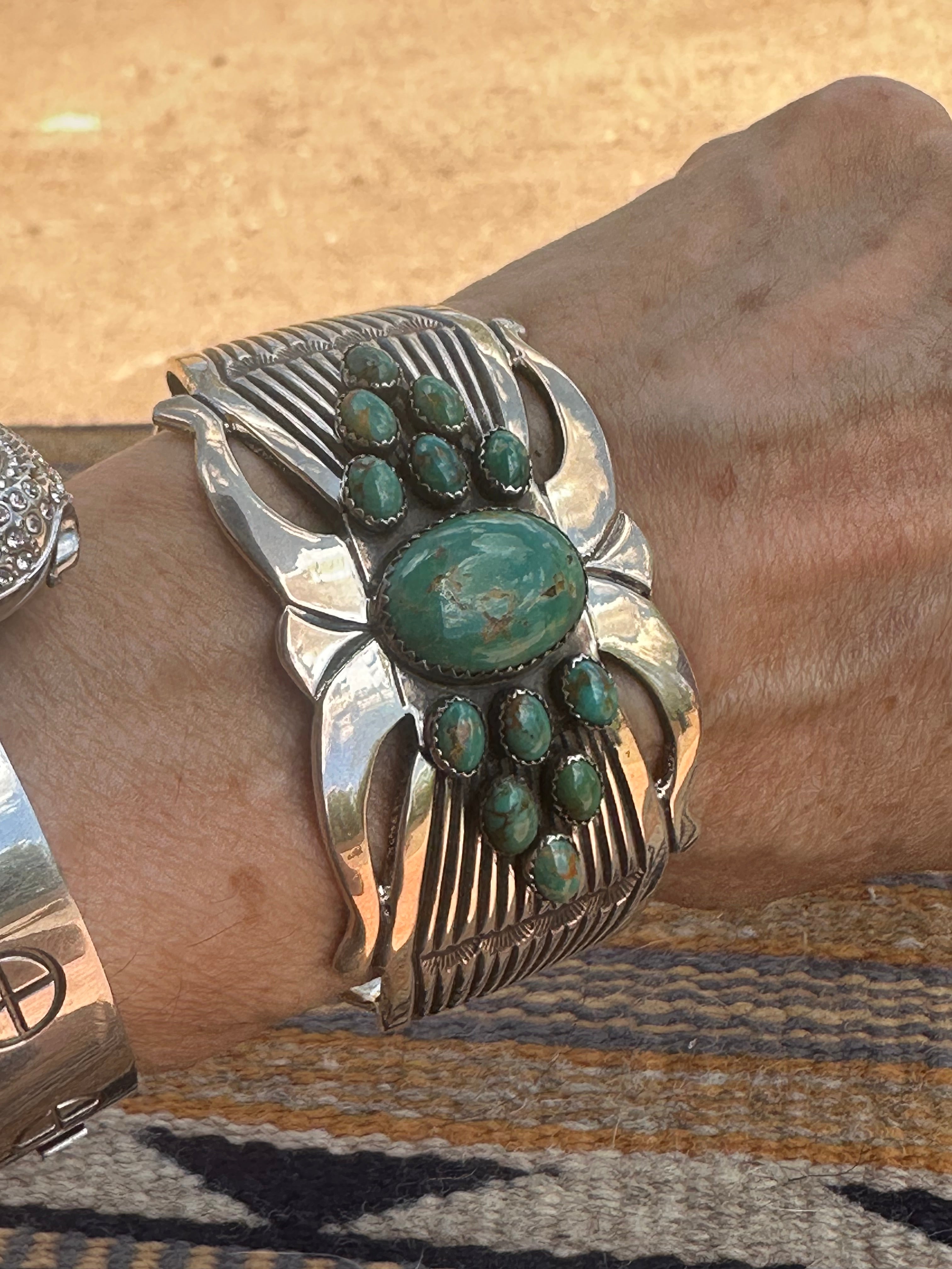 Handcrafted Old Pawn Rick Martinez Turquoise Cluster and Sterling Silver Cuff /