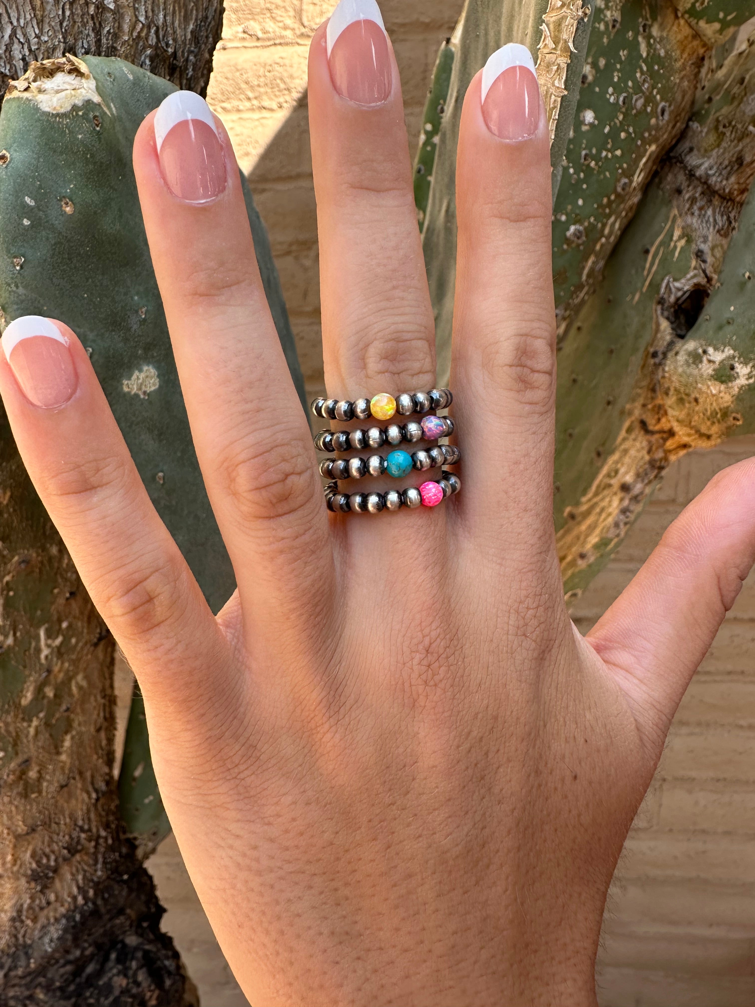 THE VENICE BAND Handmade Sterling Silver Navajo Pearl Style Beaded Stretch Ring