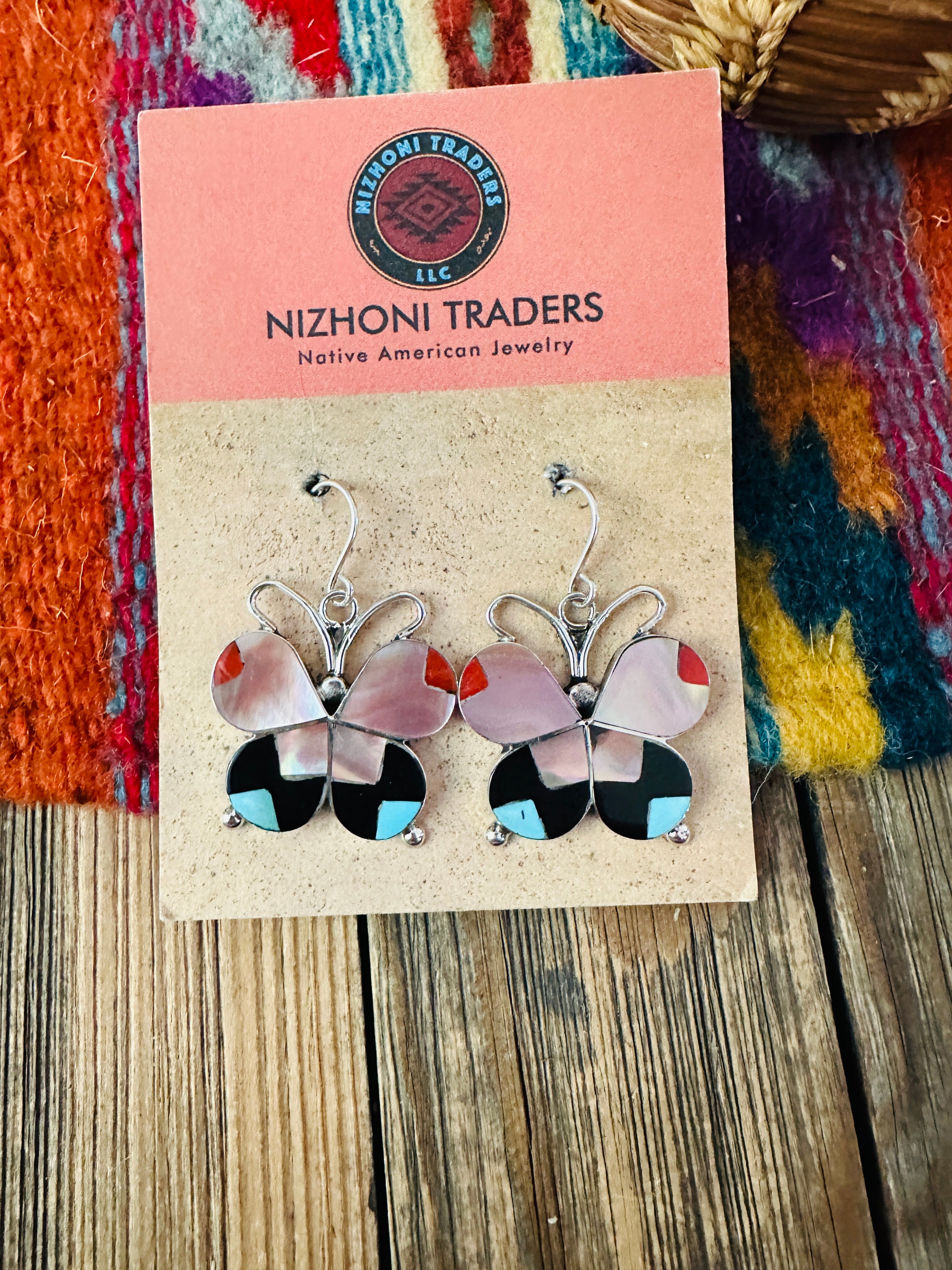 Handcrafted Multi Stone & Sterling Silver Inlay Butterfly Dangle Earrings