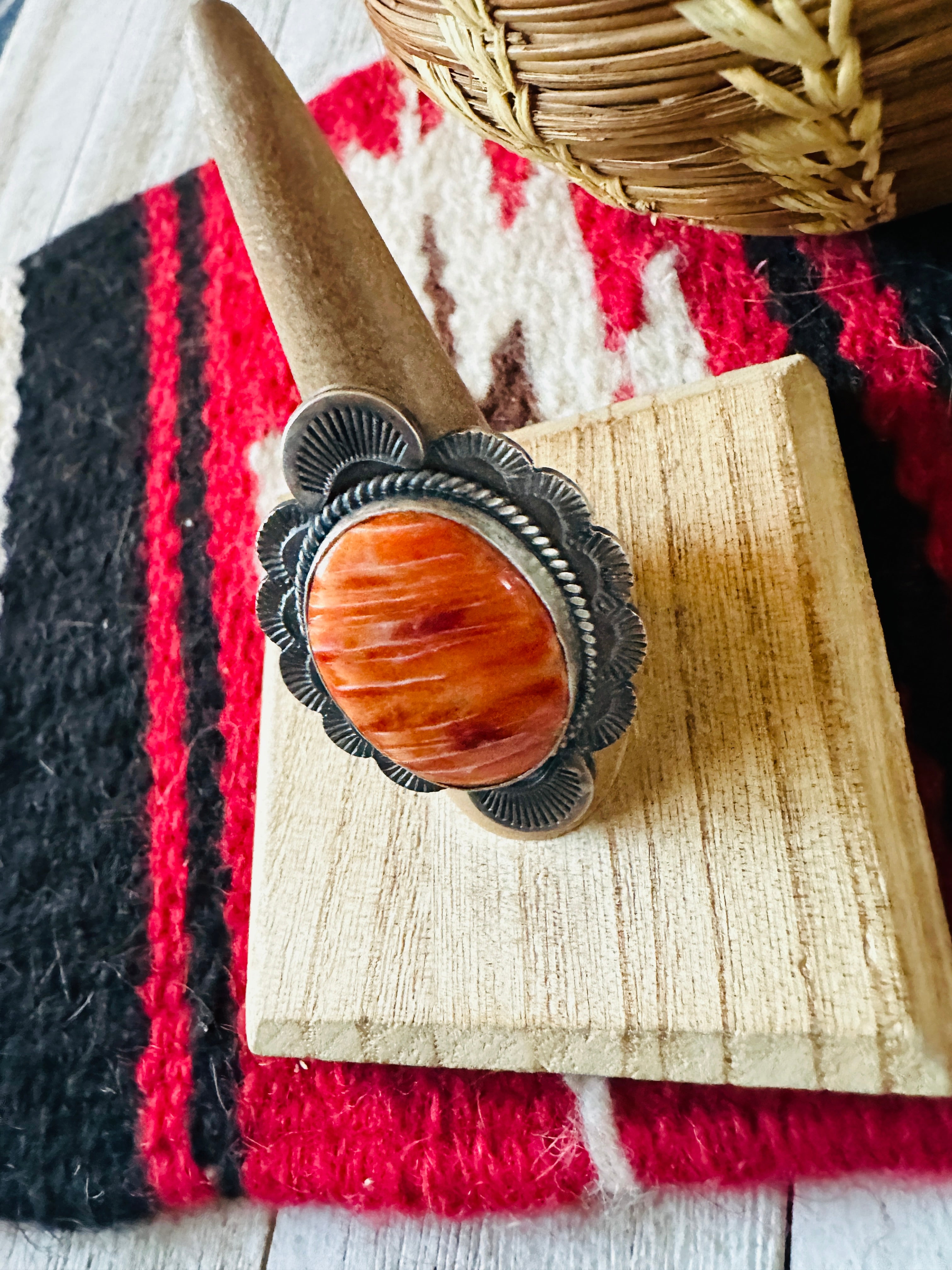 Navajo Sterling Silver & Orange Spiny Ring Size 8