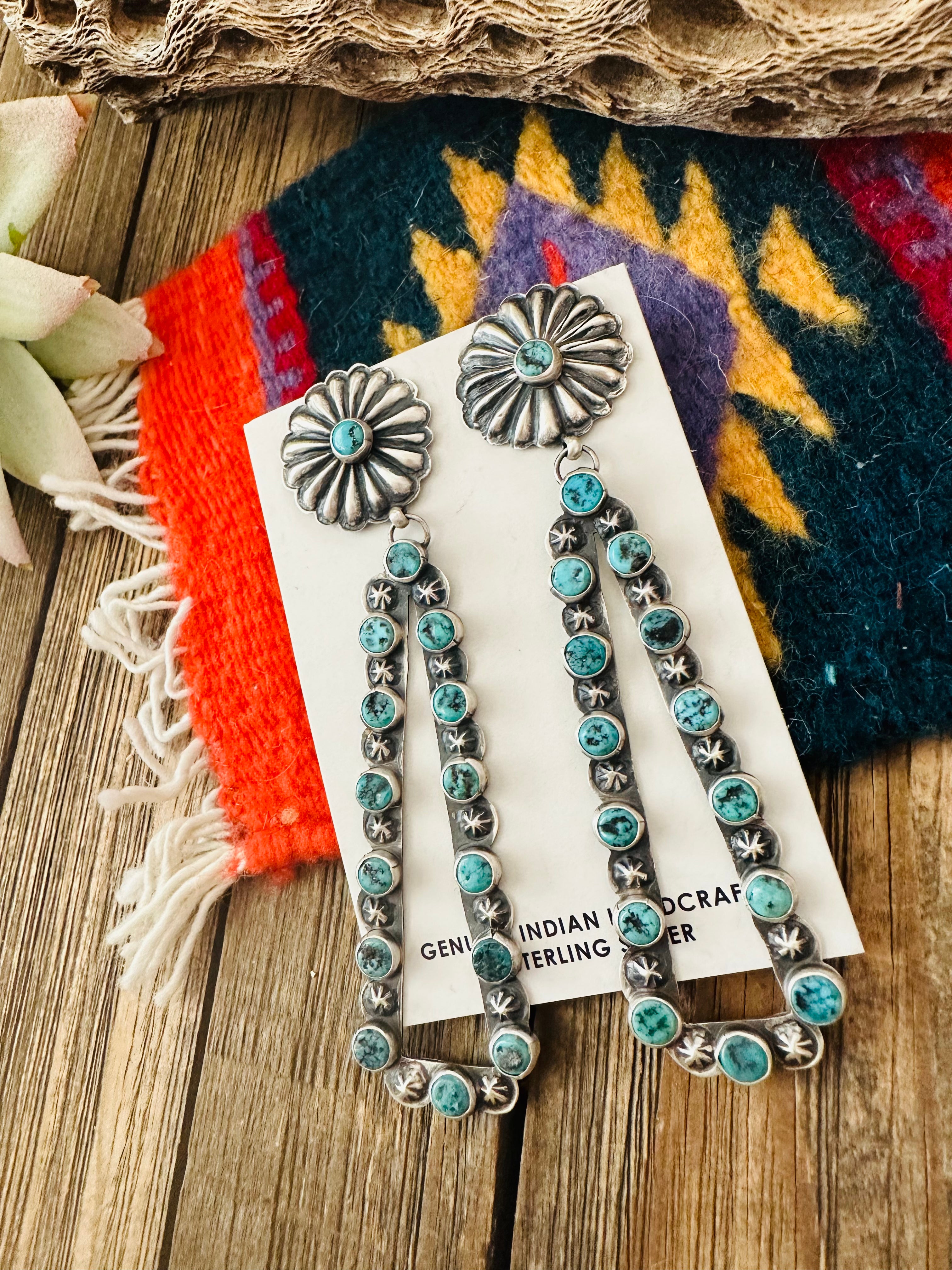 Navajo Sterling Silver & Turquoise Concho Dangle Earrings By Eugene Charley