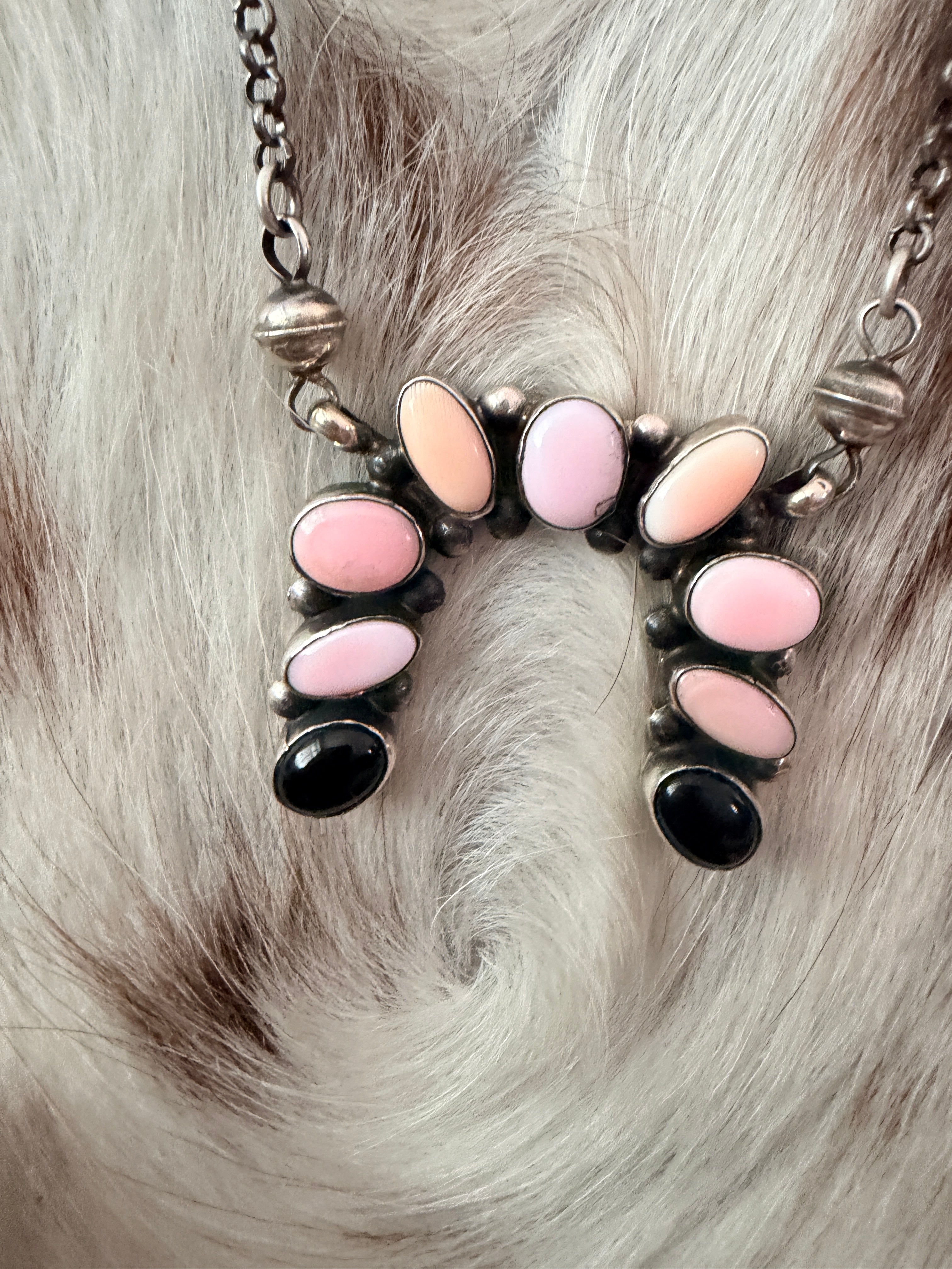 Handcrafted Queen Pink Conch, Onyx & Sterling Silver Naja Necklace by Jacqueline Silver