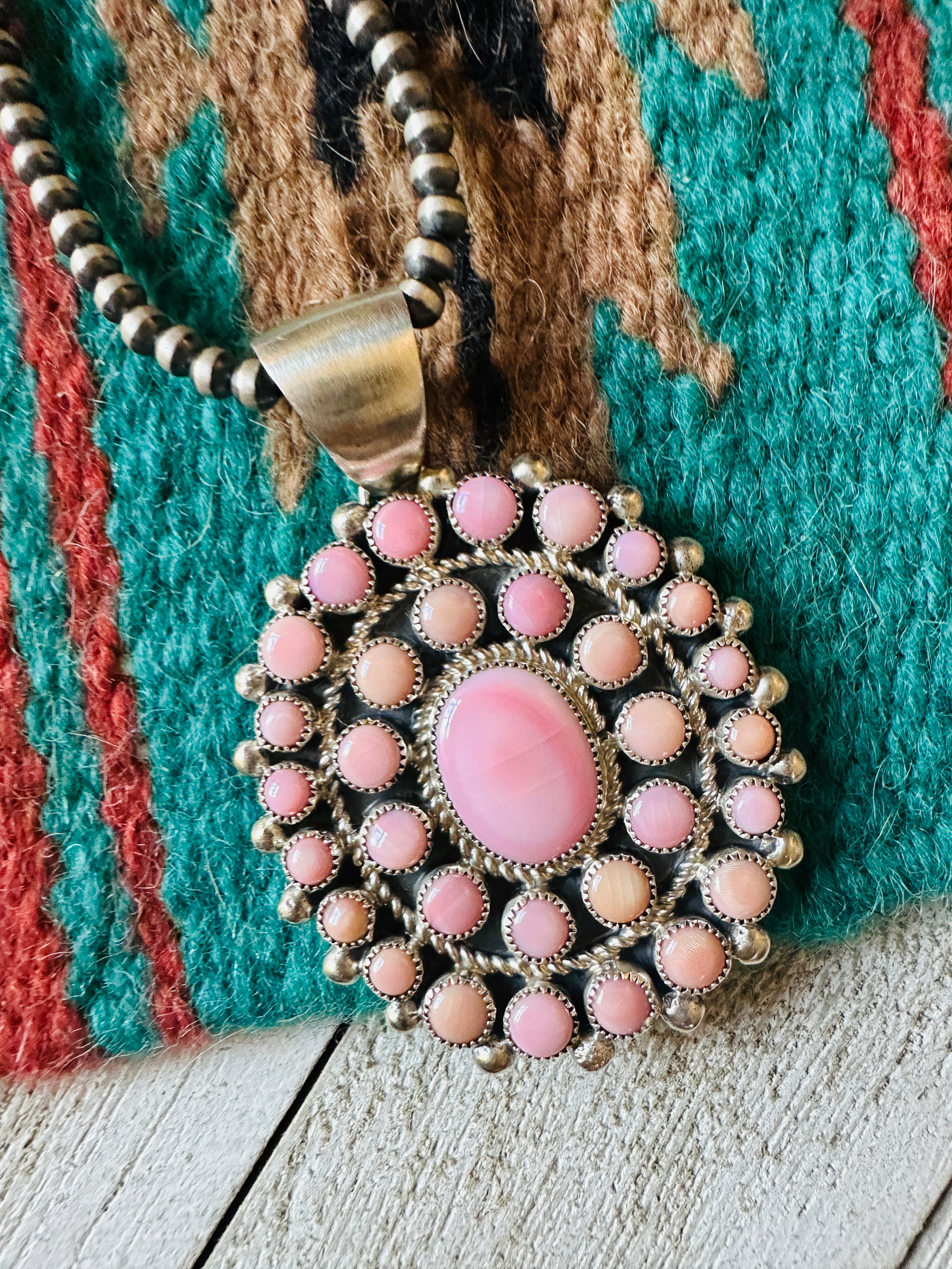 Navajo Queen Pink Conch Shell & Sterling Silver Cluster Pendant