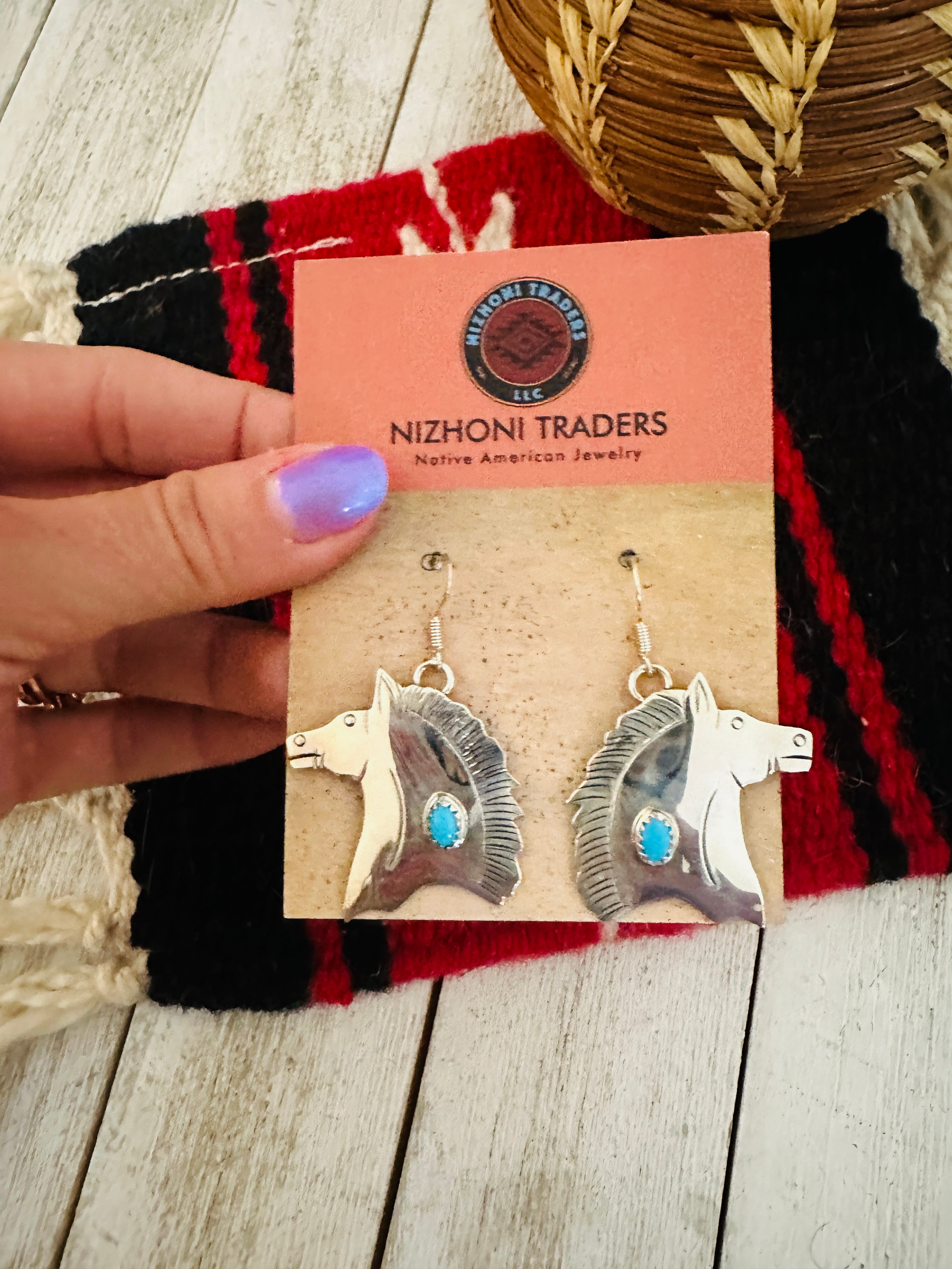 Navajo Turquoise & Sterling Silver Horse Dangle Earrings Signed