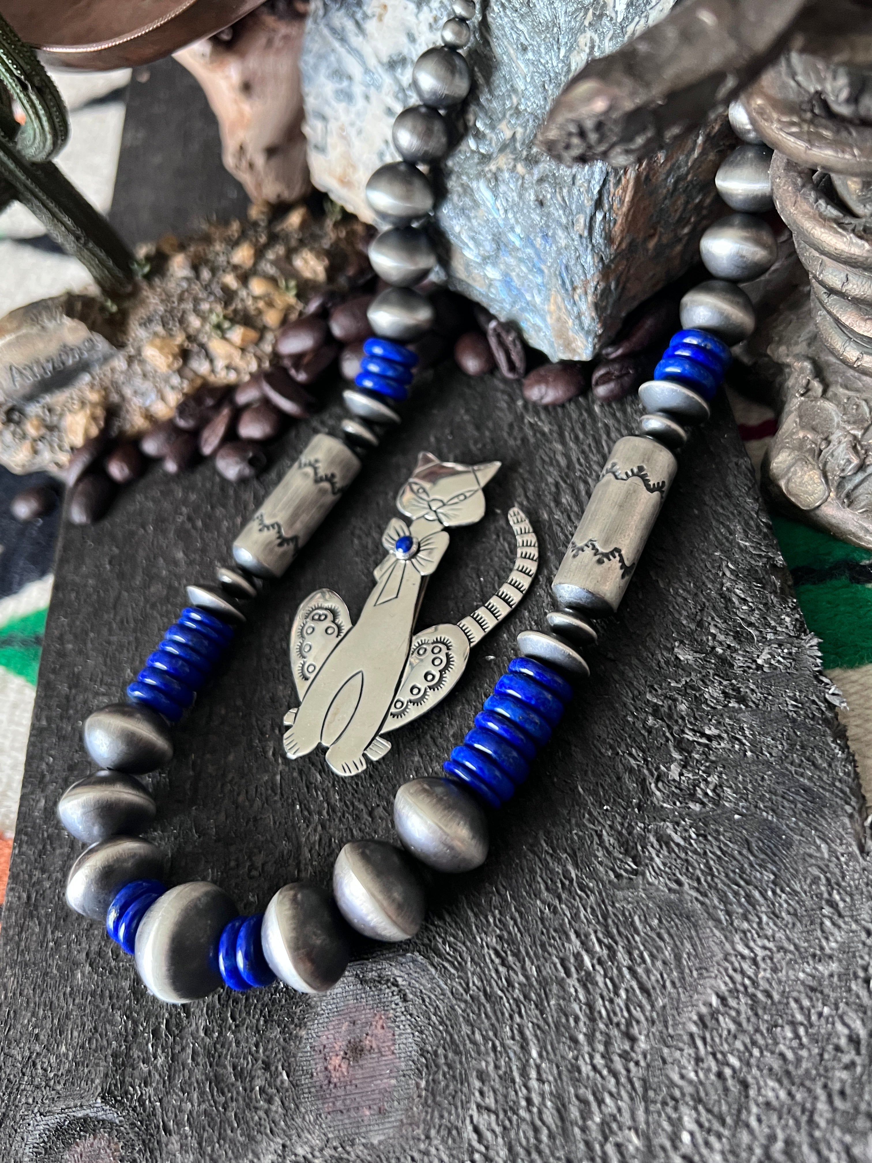 Handcrafted Sterling Silver and Lapis Lazuli Single Strand Beaded Statement Necklace by Rose Martin, 16” + 2”