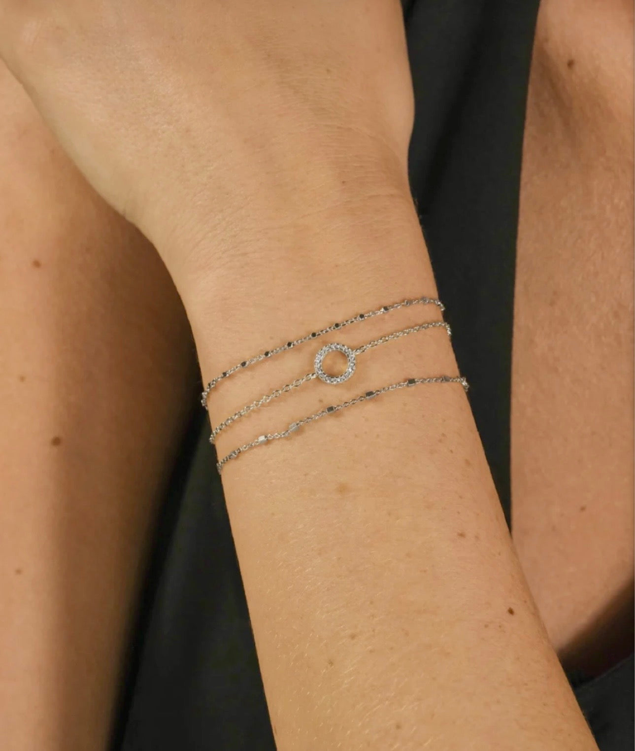 Sterling Silver CZ Circle & Chain Bracelet Set of 3