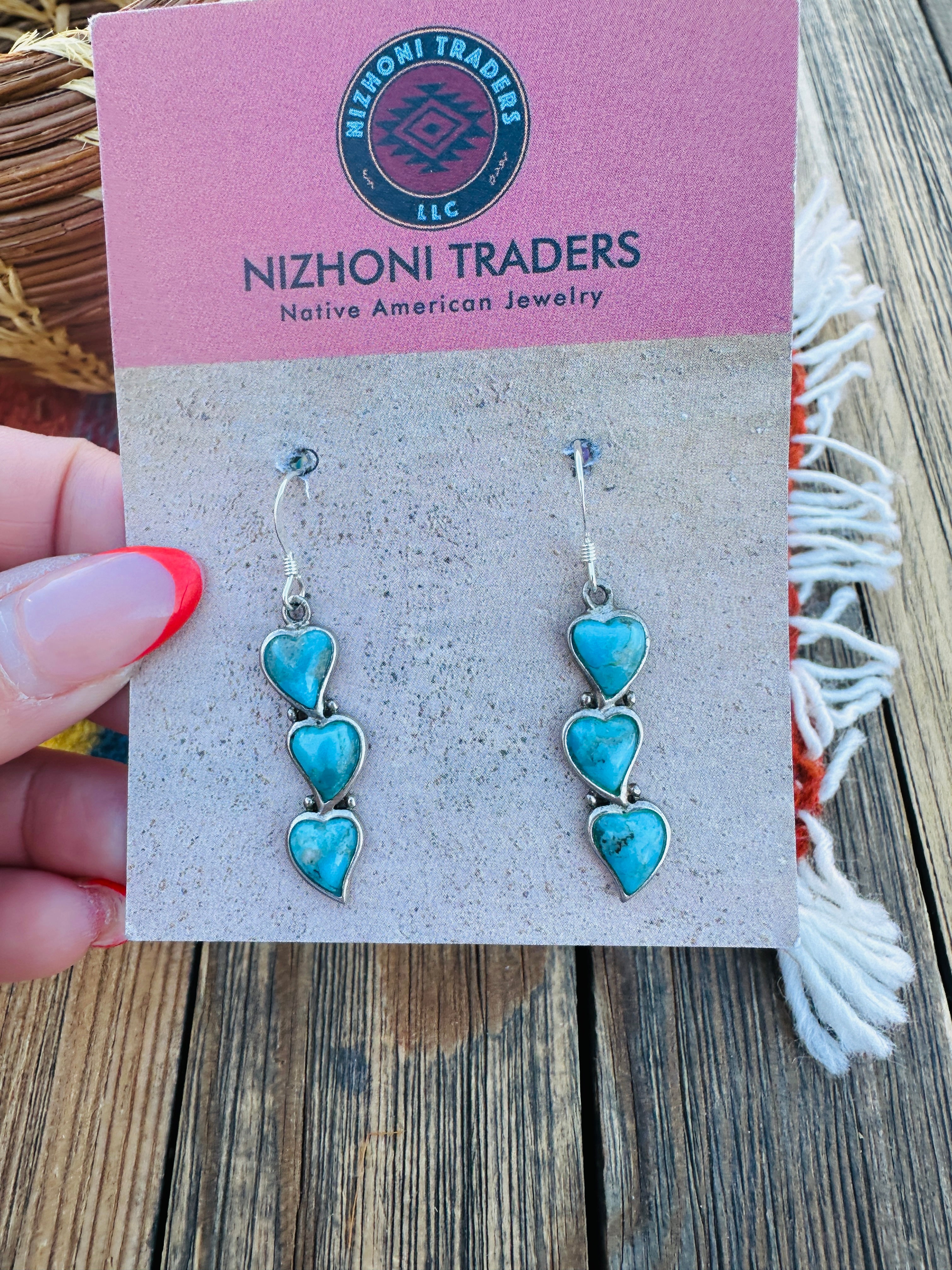 Handcrafted Old Pawn Sterling Silver & Turquoise Heart Dangle Earrings