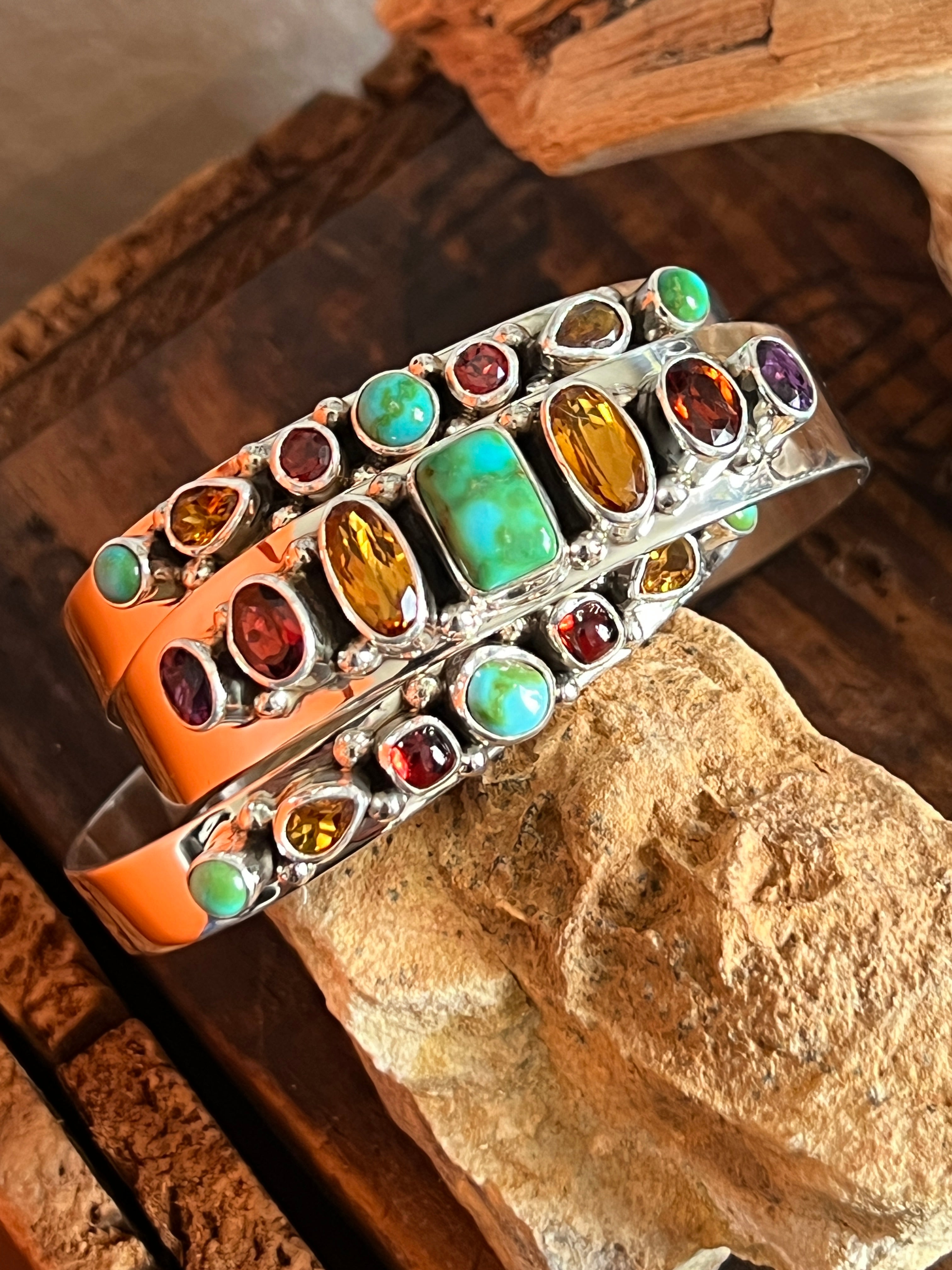 Handcrafted Sterling Silver Gems & Jewels Stacker Cuff Bracelet by Lucy Jake, Wider