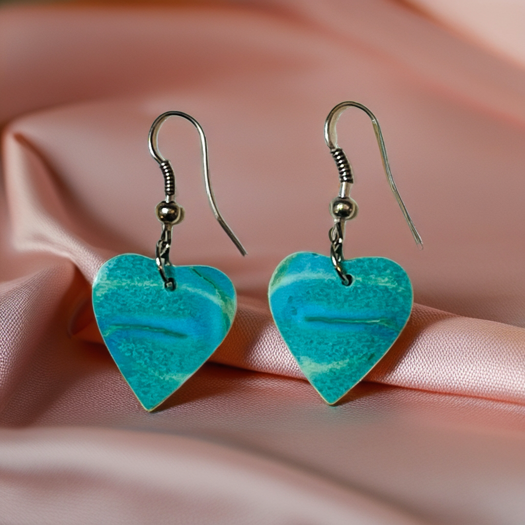 Handcrafted Turquoise Heart Slab Sterling Silver Earrings