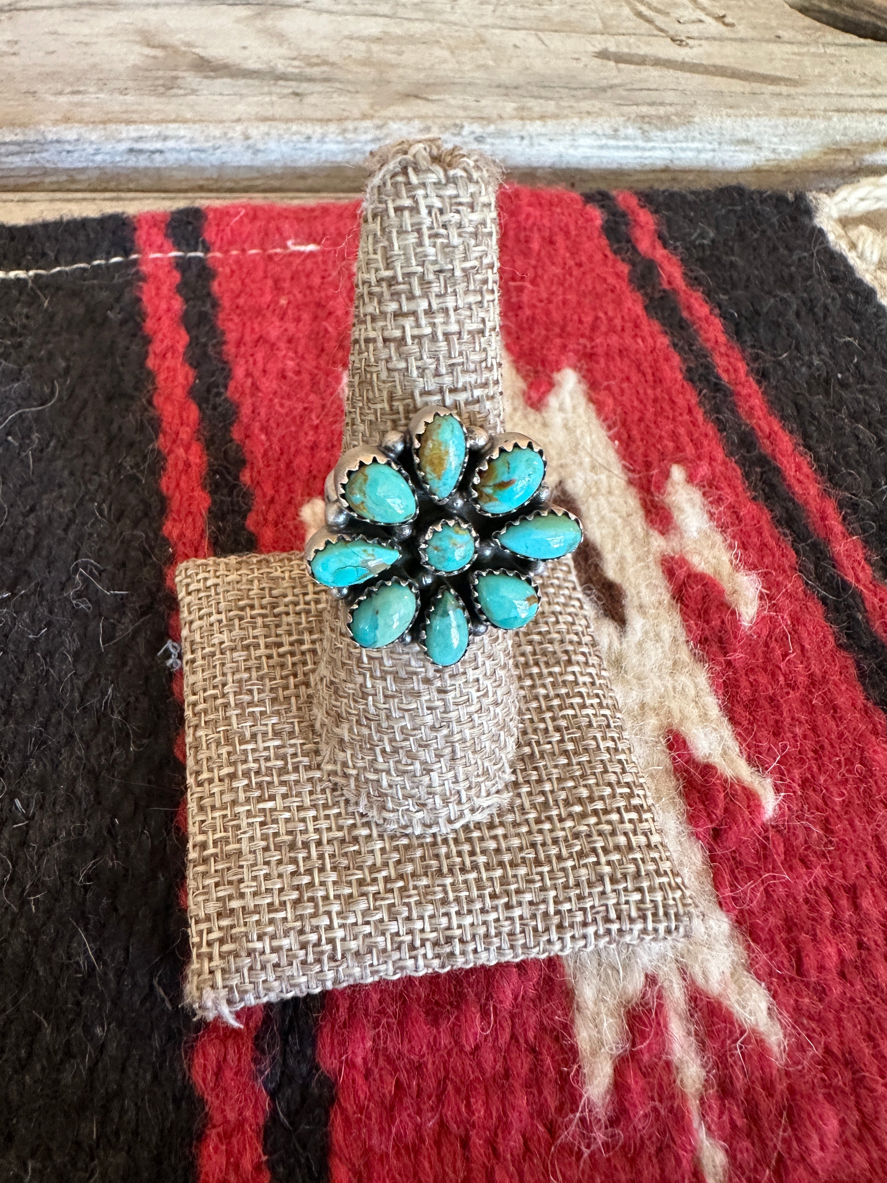 Beautiful Handmade Turquoise And Sterling Silver Adjustable Flower Ring