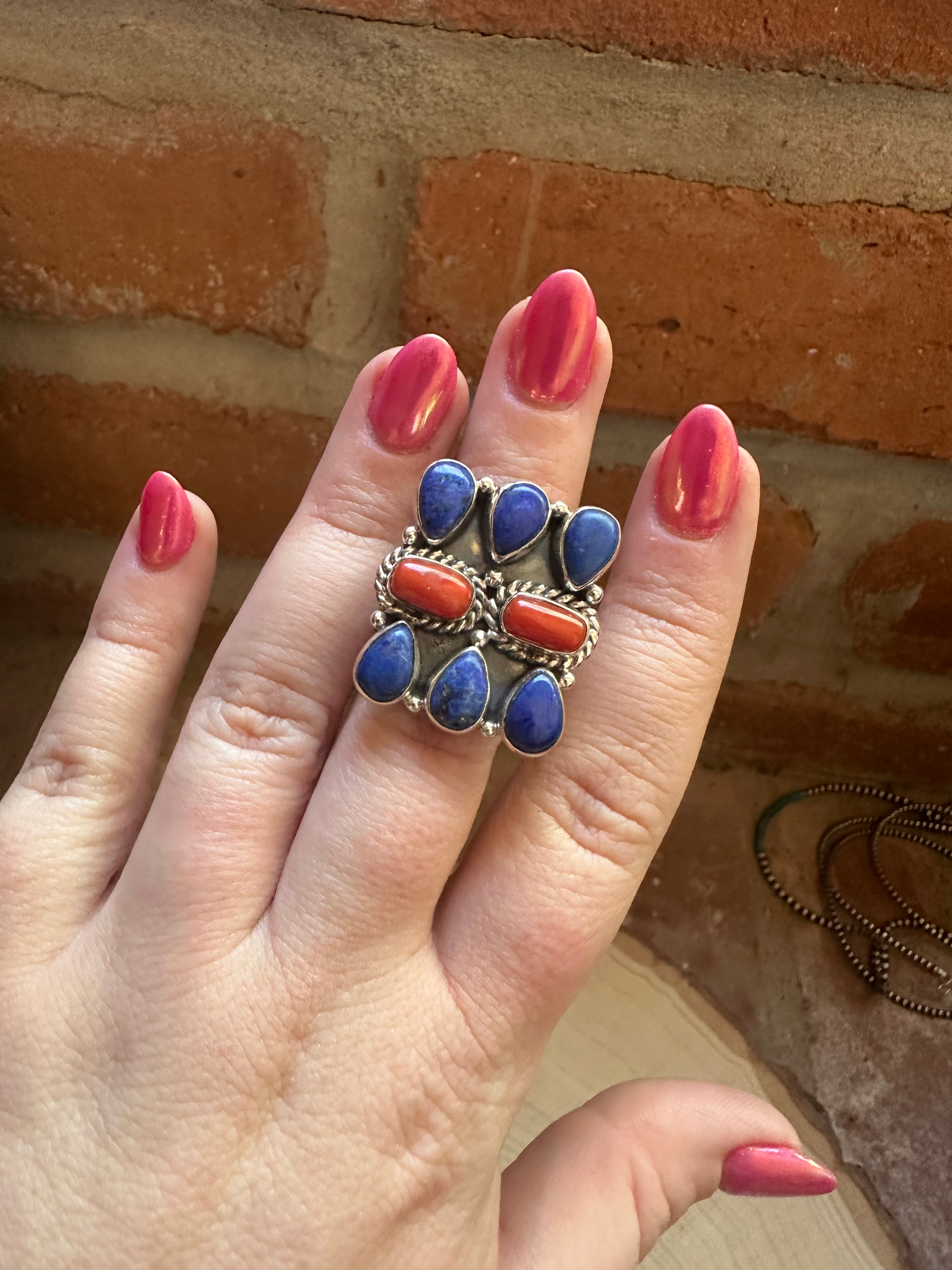 Handmade Coral, Lapis & Sterling Silver Adjustable Ring Signed Nizhoni