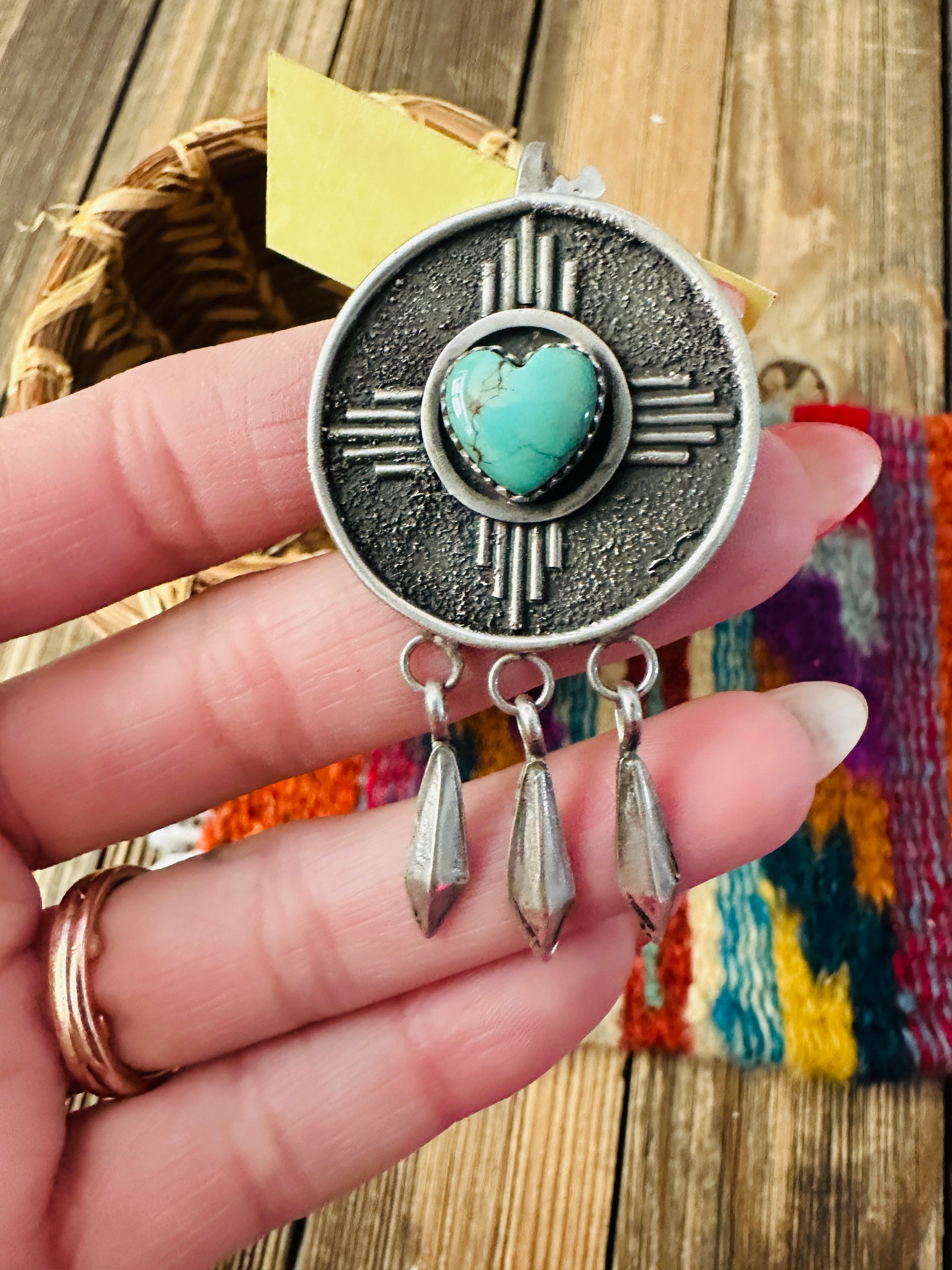 Old Pawn Handcrafted Turquoise and Sterling Silver Heart Pendant