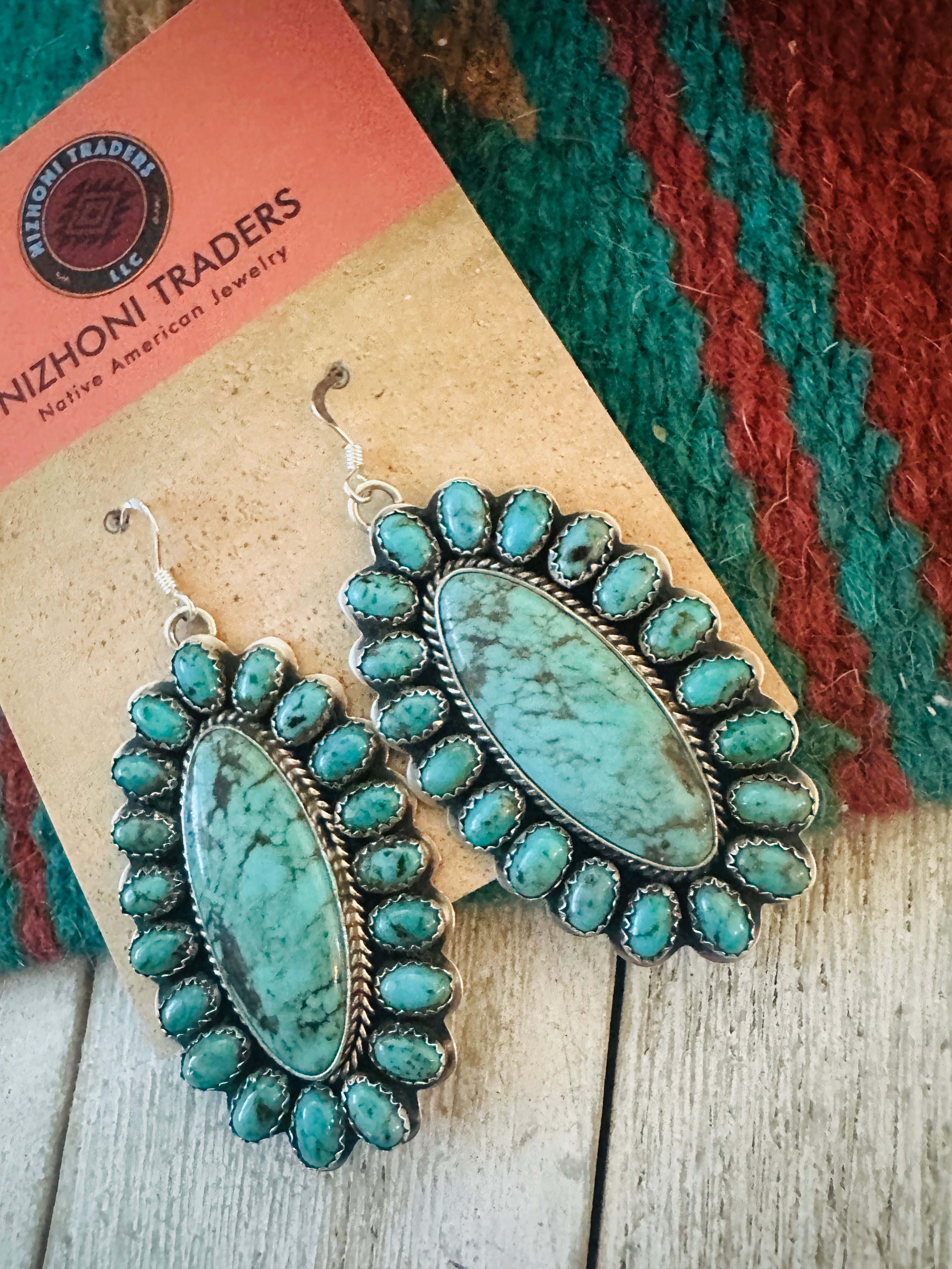 Navajo Sterling Silver & Turquoise Cluster Dangle Earrings