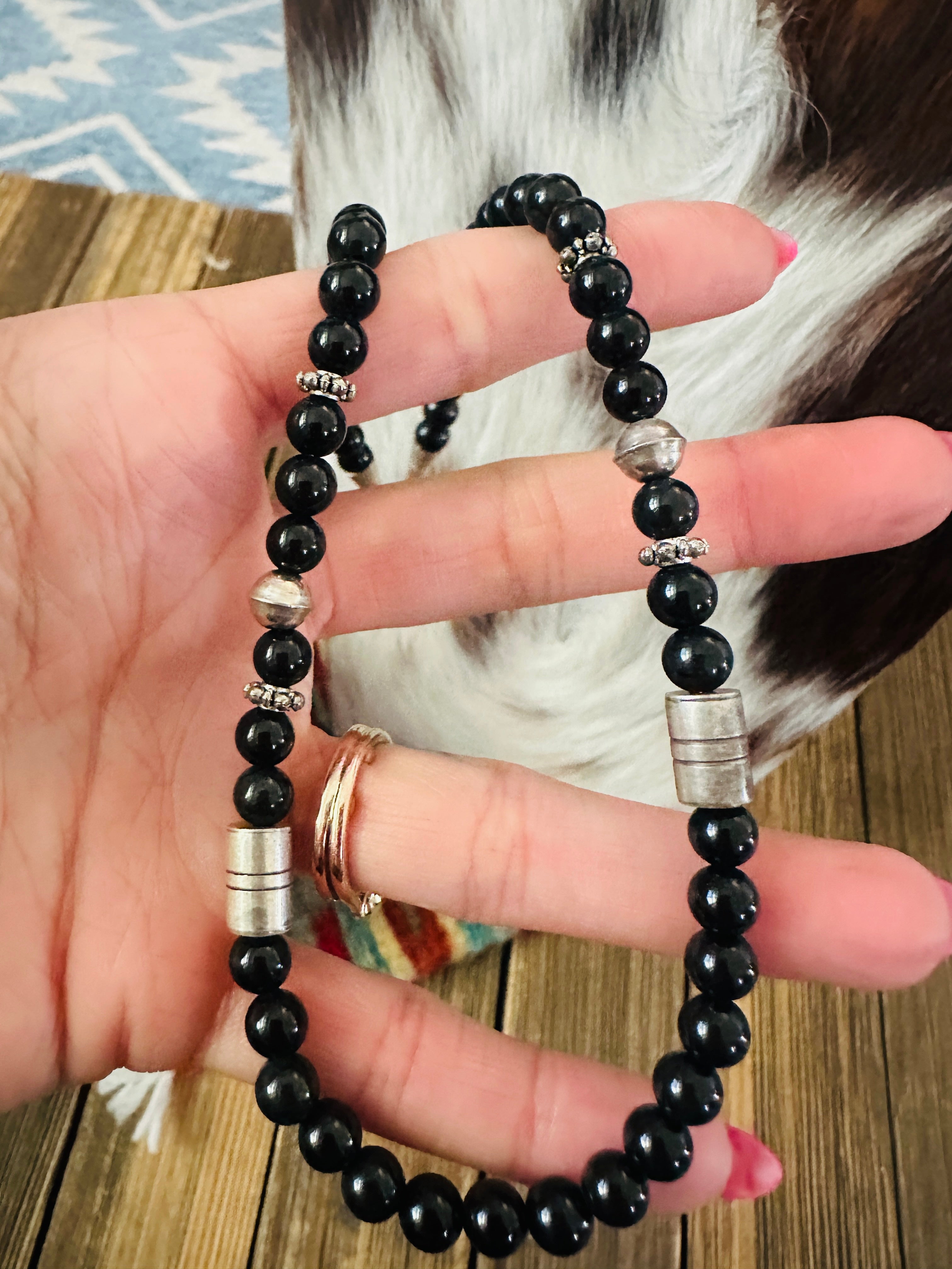 Handcrafted Black Onyx & Sterling Silver Beaded 16” Necklace by T & R Singer