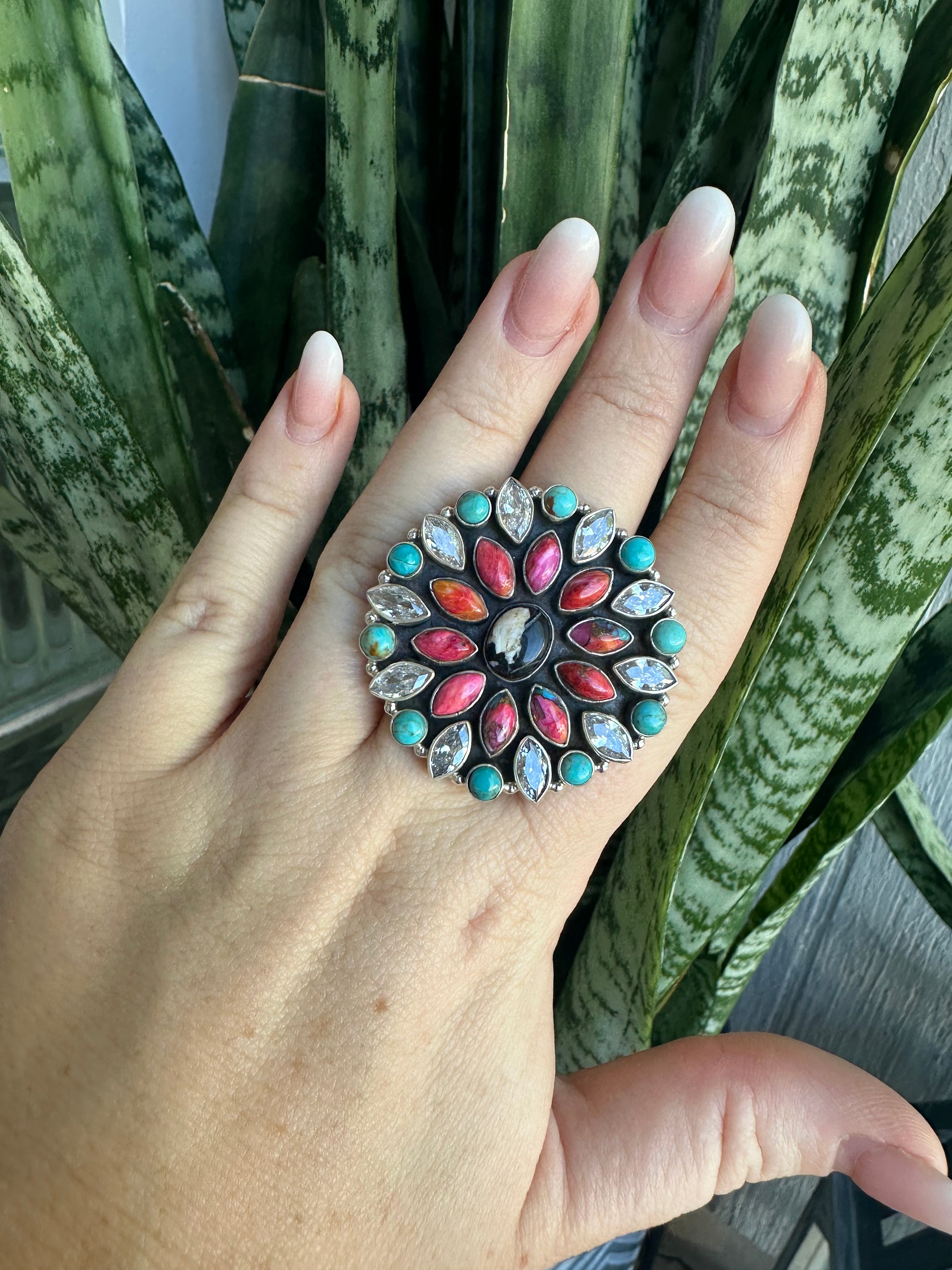 Beautiful Handmade White Buffalo, Turquoise, CZ, Pink Dream Mojave And Sterling Silver Adjustable Statement Ring