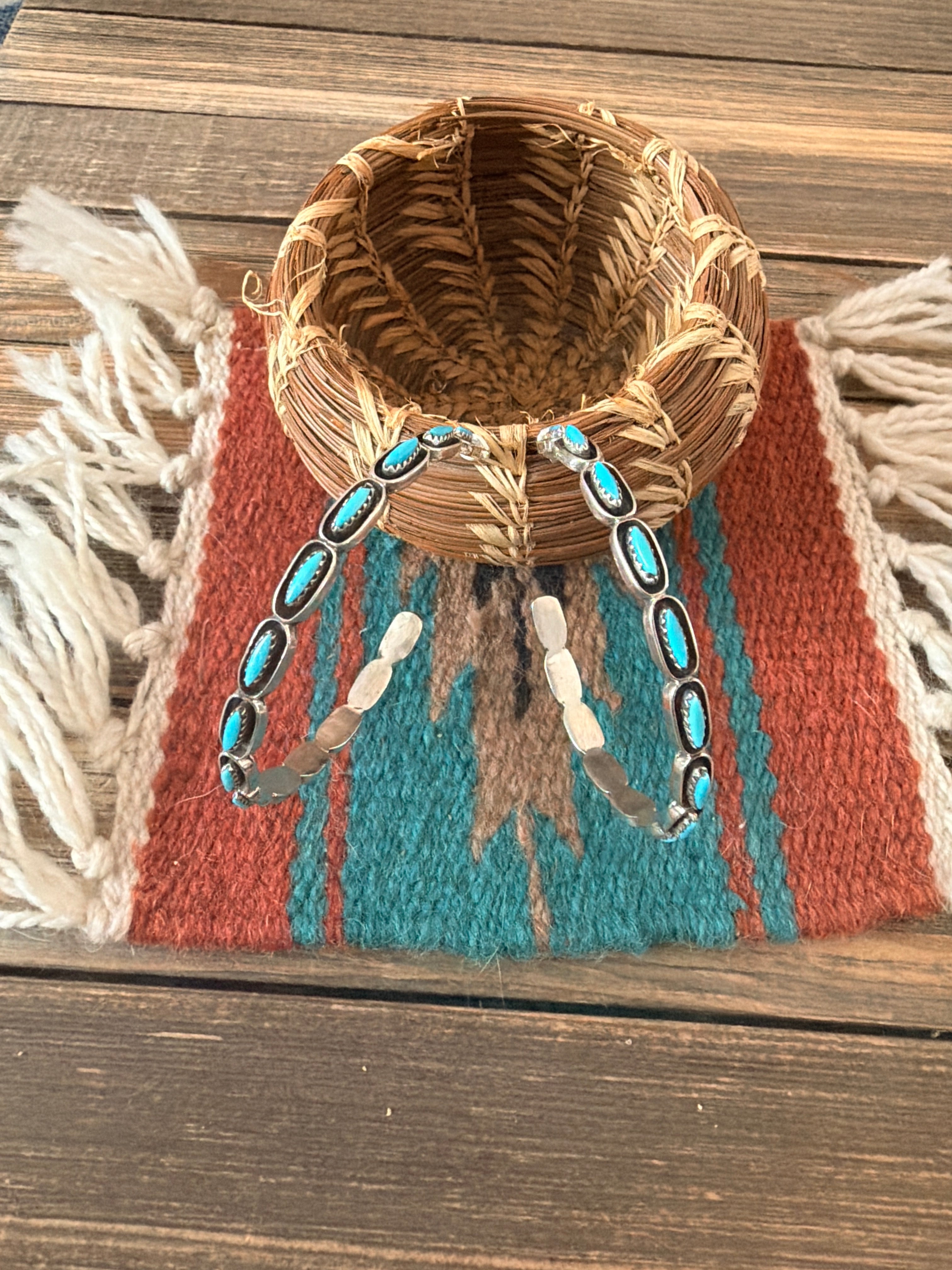 Handcrafted Turquoise & Sterling Silver Shadowbox Hoop Earrings