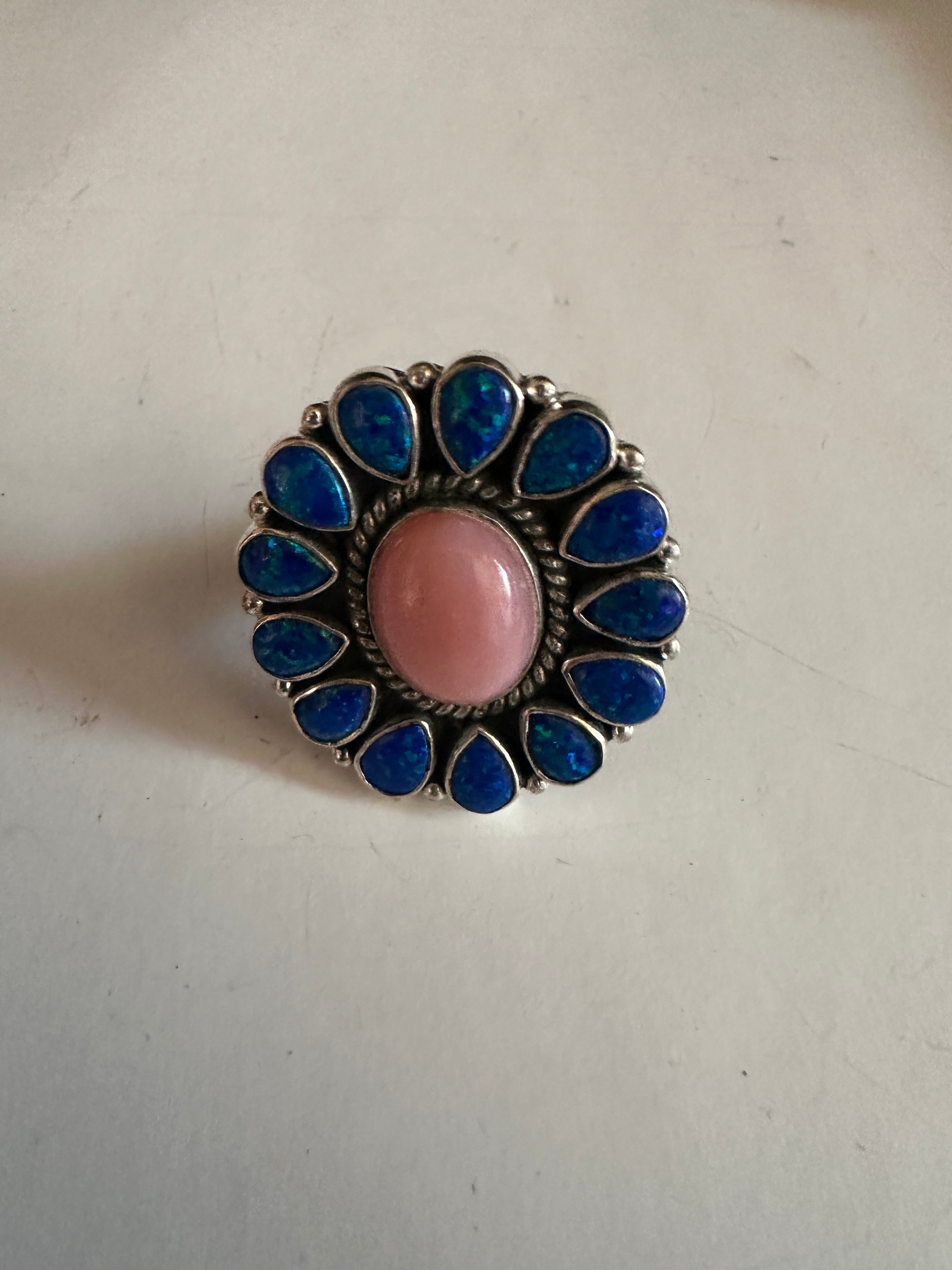 Handmade Pink Conch, Blue Fire Opal & Sterling Silver Adjustable Ring