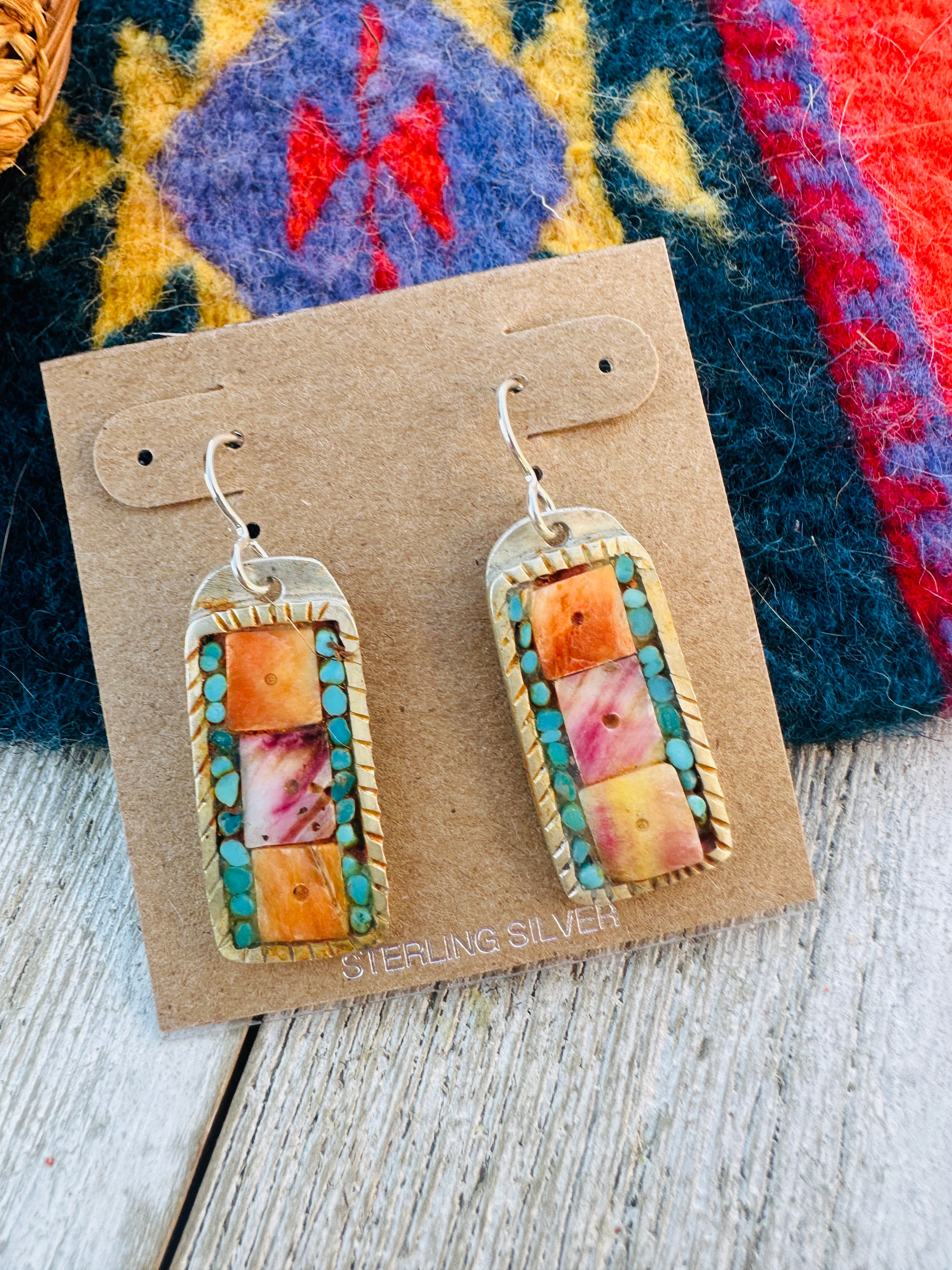 Handcrafted Spiny, Turquoise & Sterling Silver Inlay Dangle Earrings