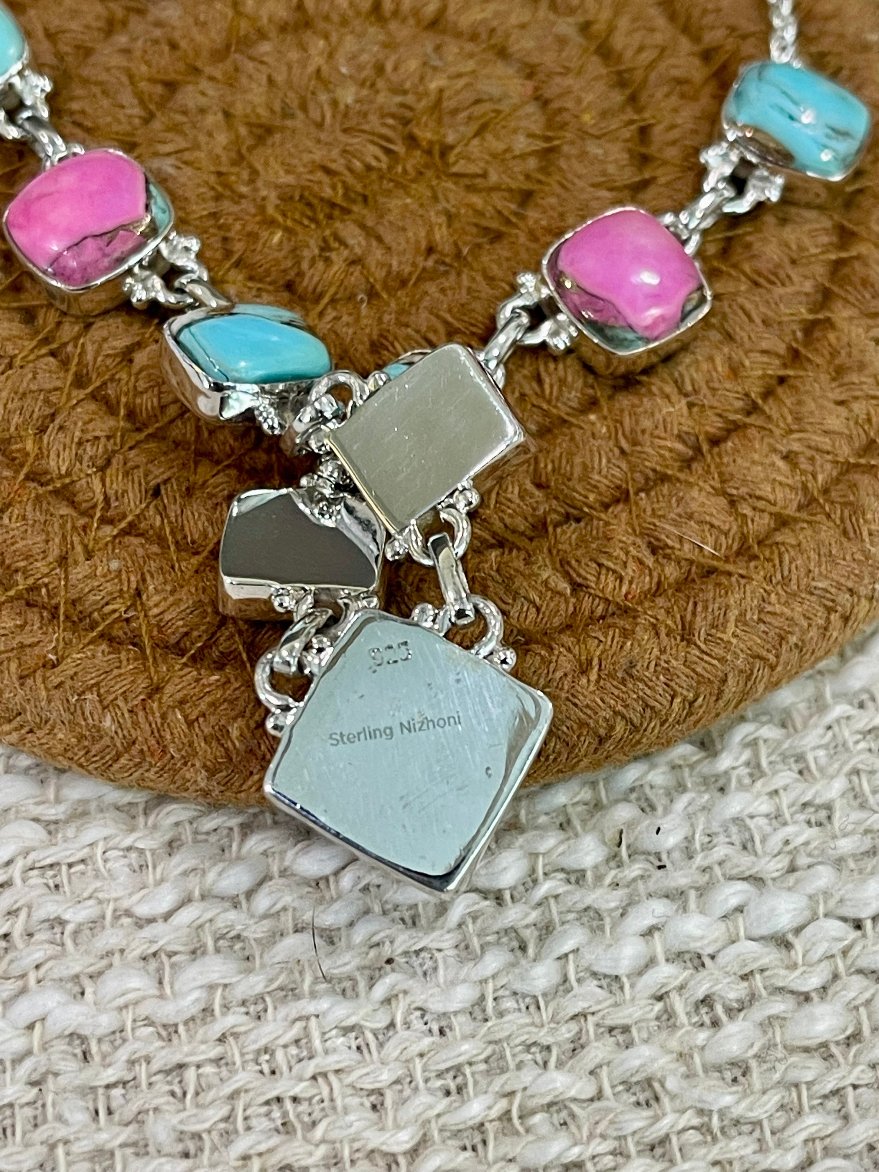 Handmade Sterling Silver Cotton Candy Turquoise Necklace with Signed Nizhoni