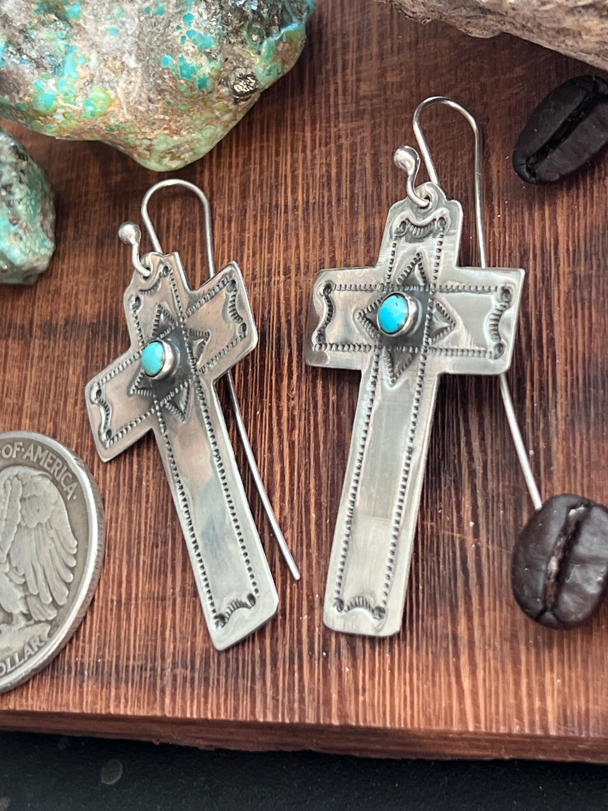 Hand Stamped Sterling Silver Cross Dangle Earrings with Turquoise by Kimari Somers