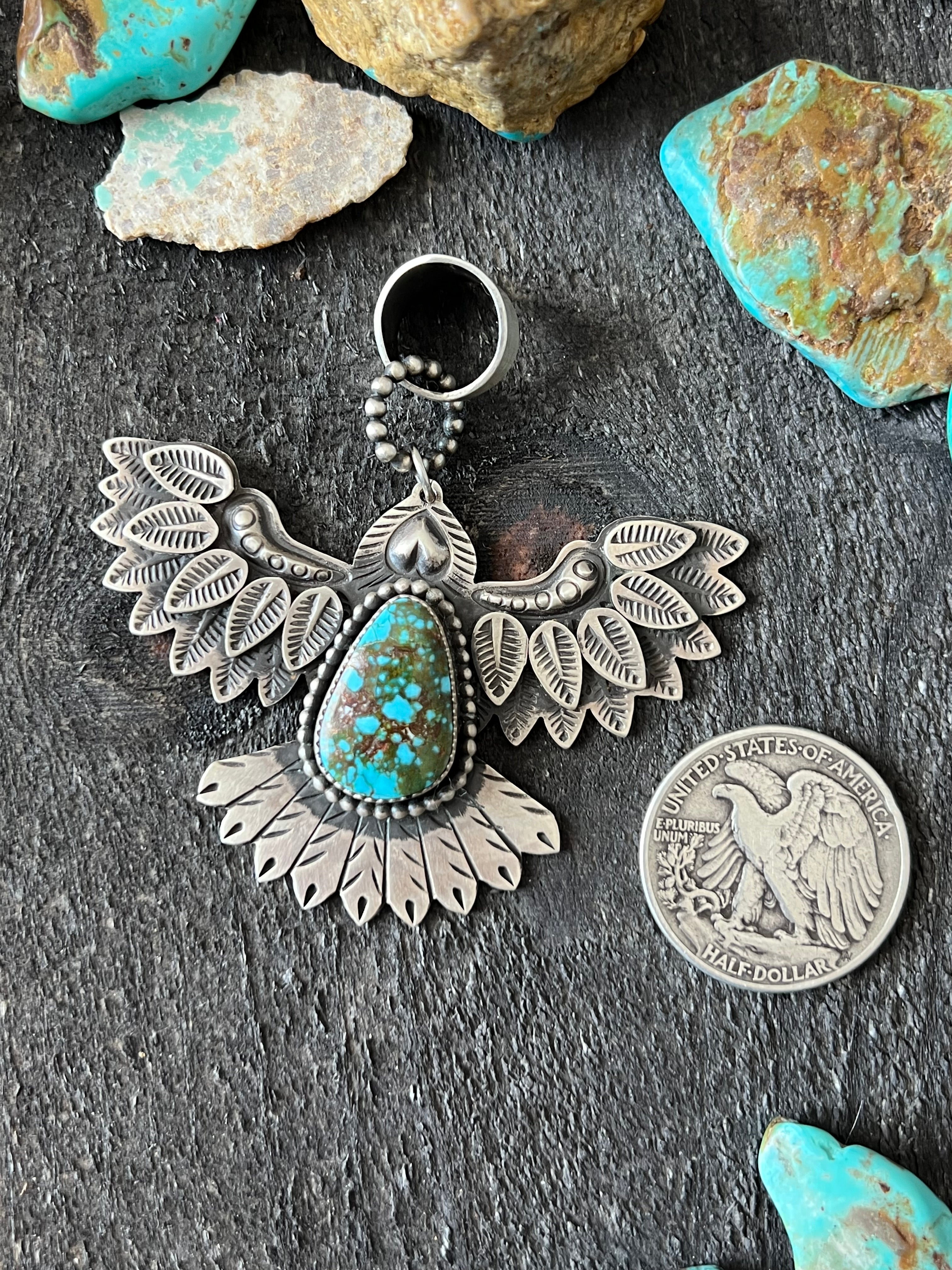 Handcrafted Sterling Silver and Polychrome Kingman Turquoise Eagle Pendant by Derrick Cadman